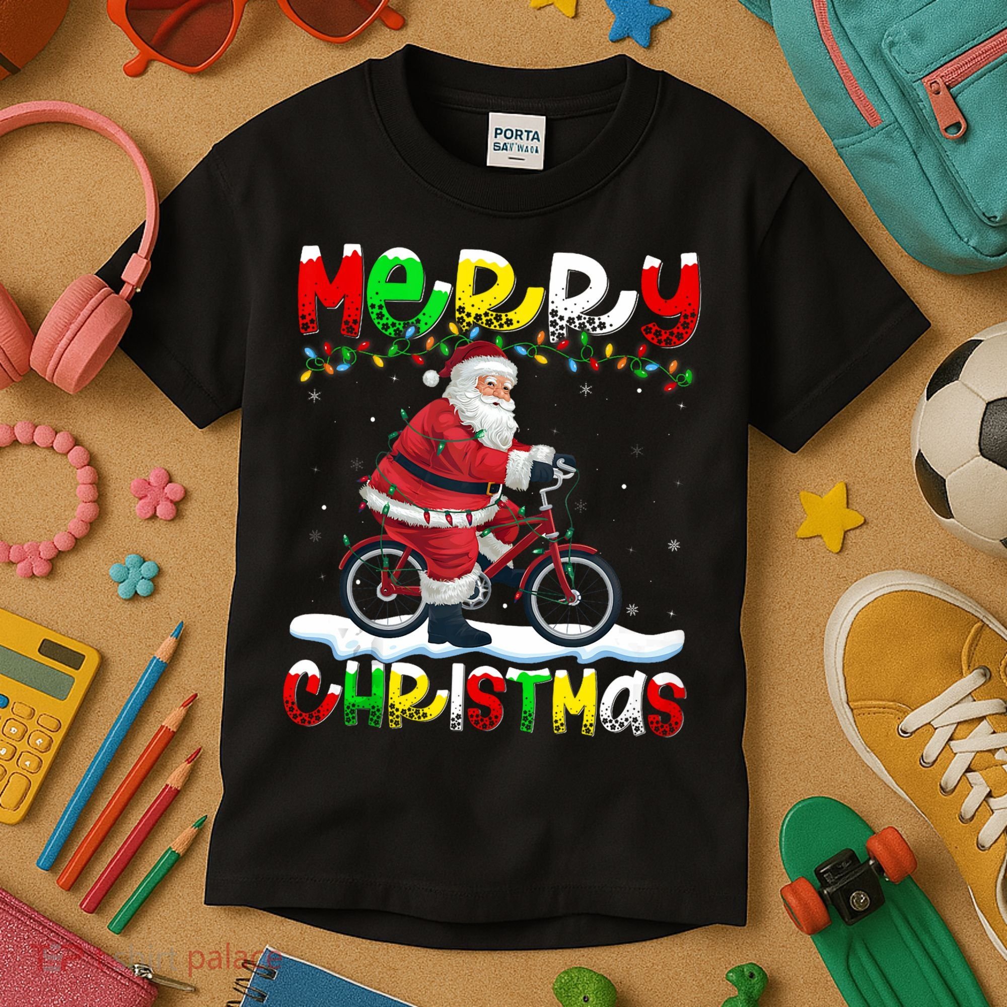 Xmas Lighting Santa Cycling Merry Christmas Kids T-Shirt
