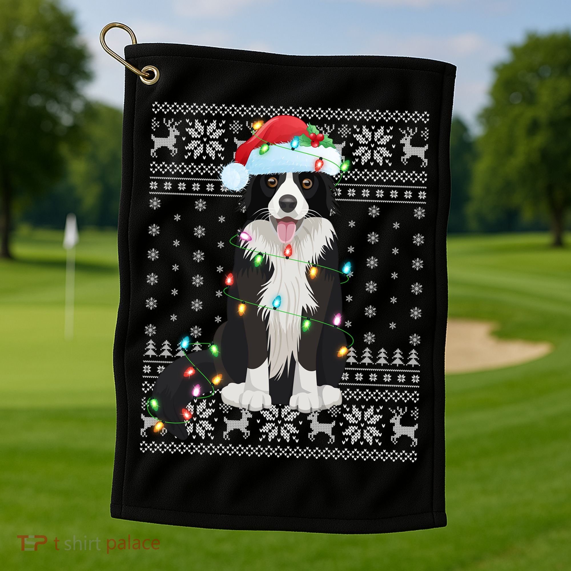 Xmas Lighting Santa Hat Ugly Border Collie Christmas Funny Gift Golf Towel