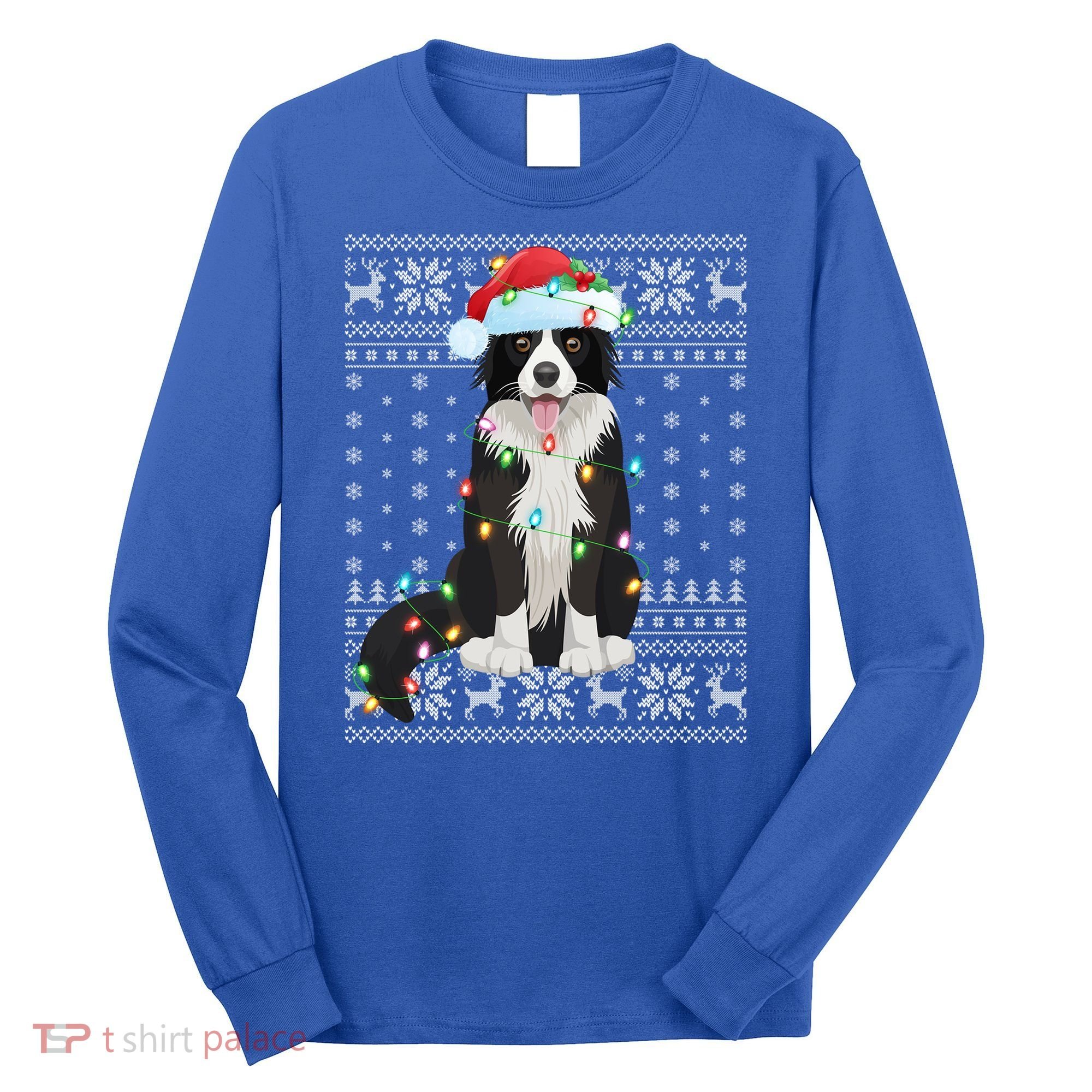 Xmas Lighting Santa Hat Ugly Border Collie Christmas Funny Gift Long Sleeve Shirt