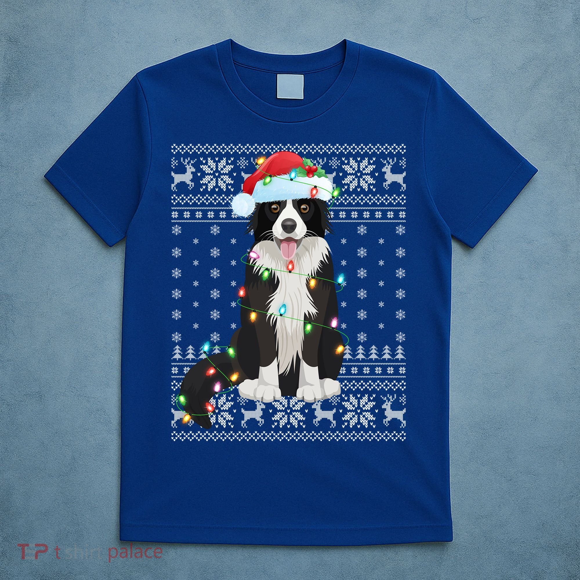 Xmas Lighting Santa Hat Ugly Border Collie Christmas Funny Gift T-Shirt
