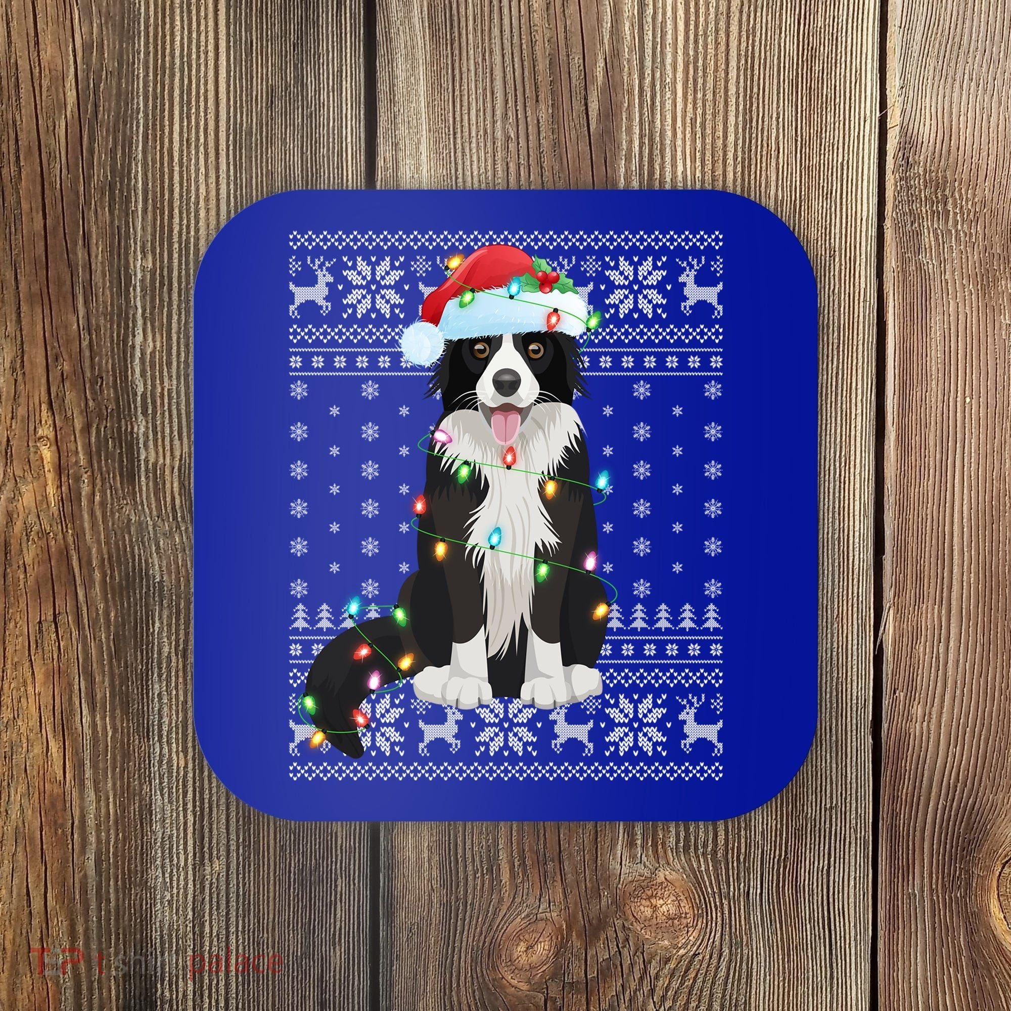 Xmas Lighting Santa Hat Ugly Border Collie Christmas Funny Gift Coaster