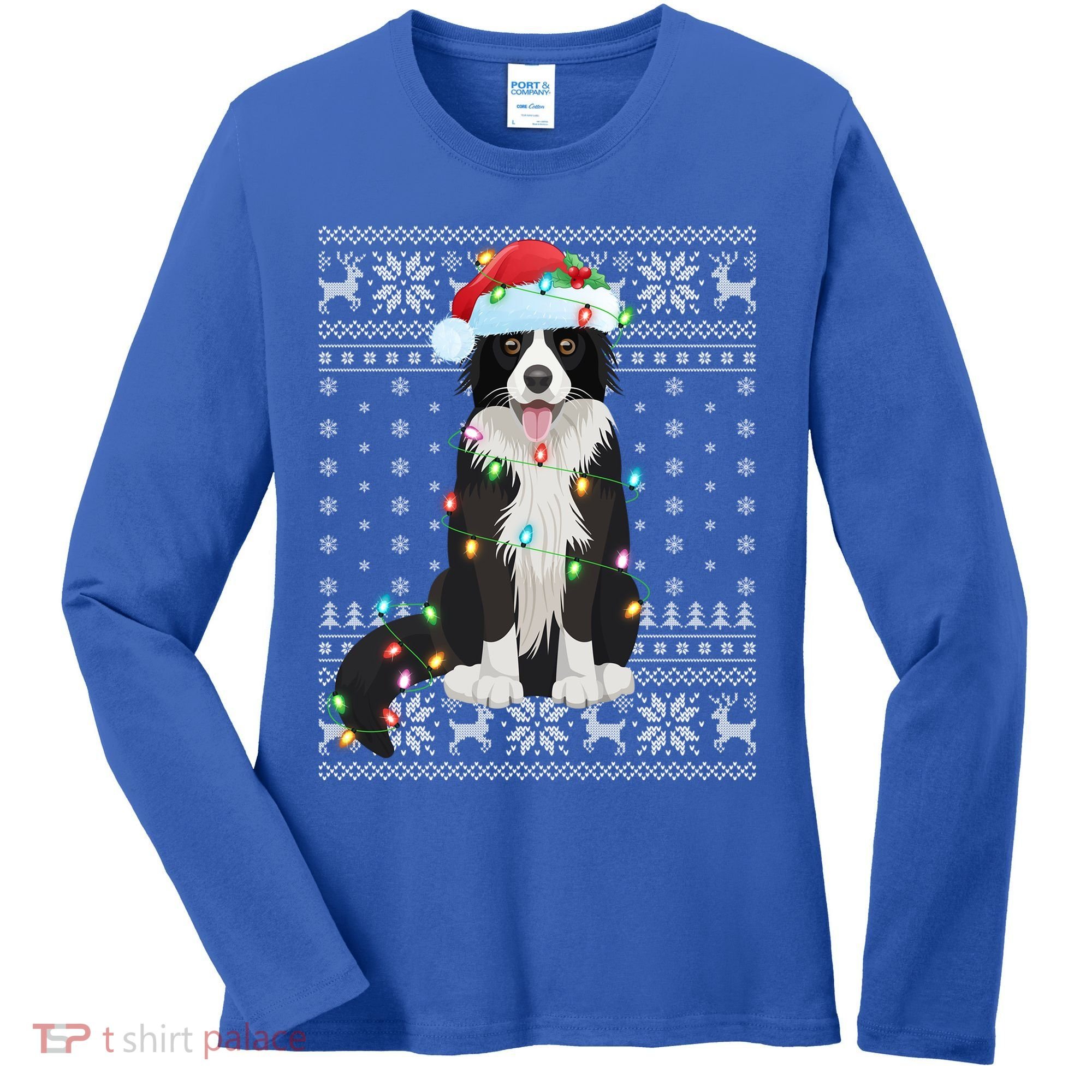 Xmas Lighting Santa Hat Ugly Border Collie Christmas Funny Gift Women's Long Sleeve Shirt