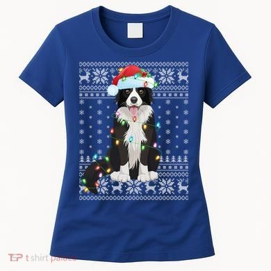 Xmas Lighting Santa Hat Ugly Border Collie Christmas Funny Gift Women's T-Shirt