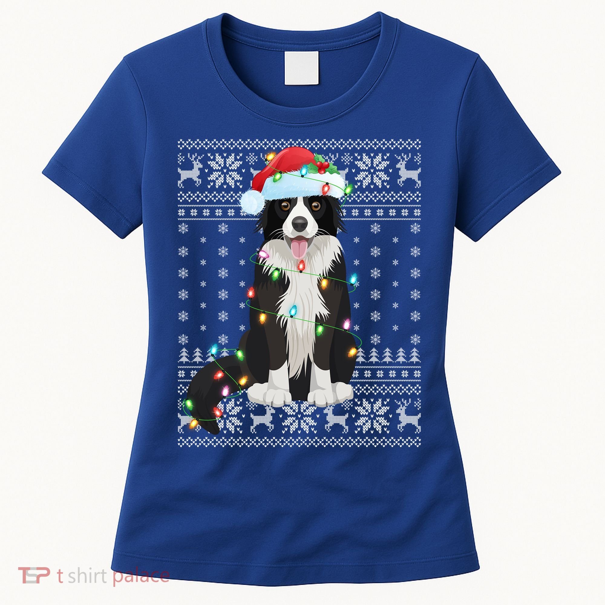 Xmas Lighting Santa Hat Ugly Border Collie Christmas Funny Gift Women's T-Shirt