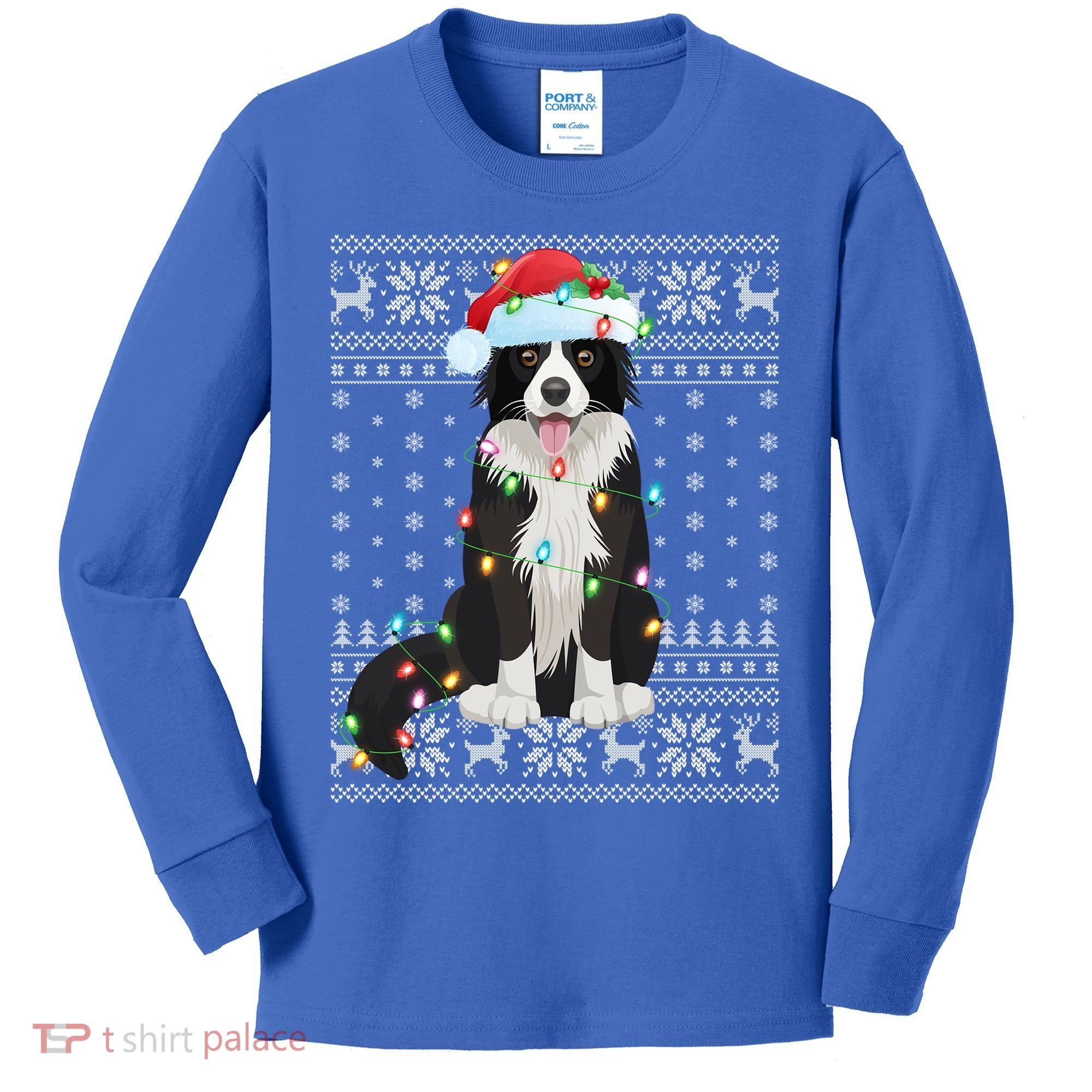 Xmas Lighting Santa Hat Ugly Border Collie Christmas Funny Gift Kids Long Sleeve Shirt