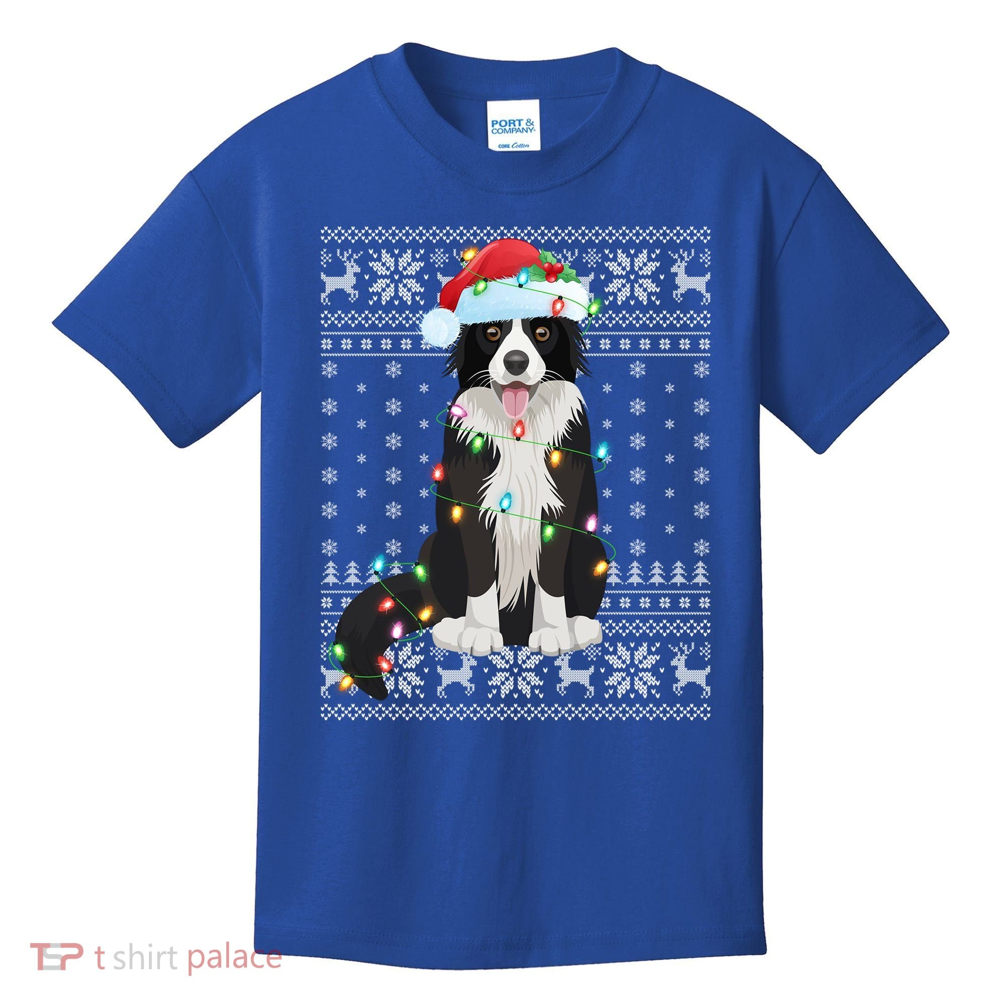 Xmas Lighting Santa Hat Ugly Border Collie Christmas Funny Gift Kids T-Shirt