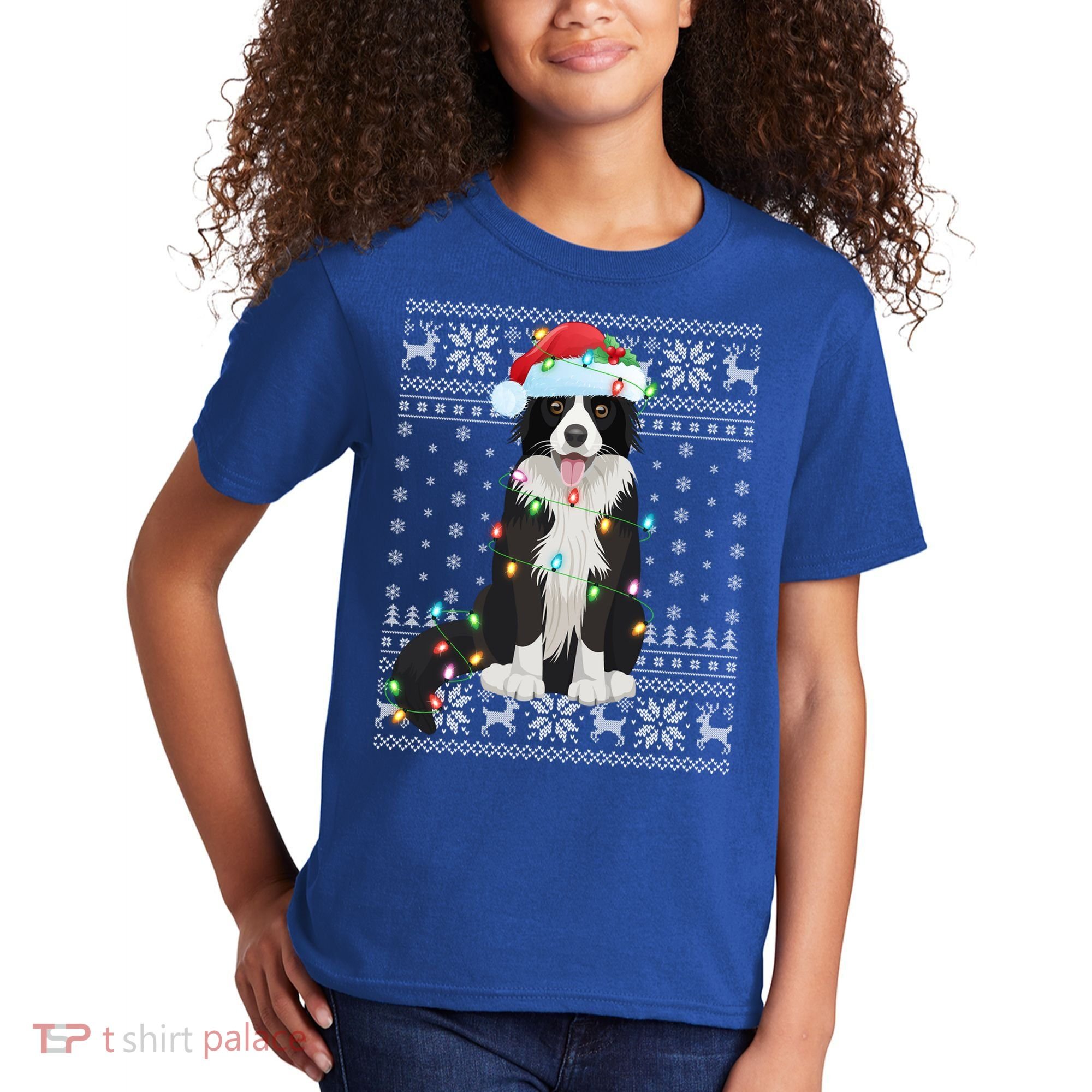 Xmas Lighting Santa Hat Ugly Border Collie Christmas Funny Gift Kids T-Shirt