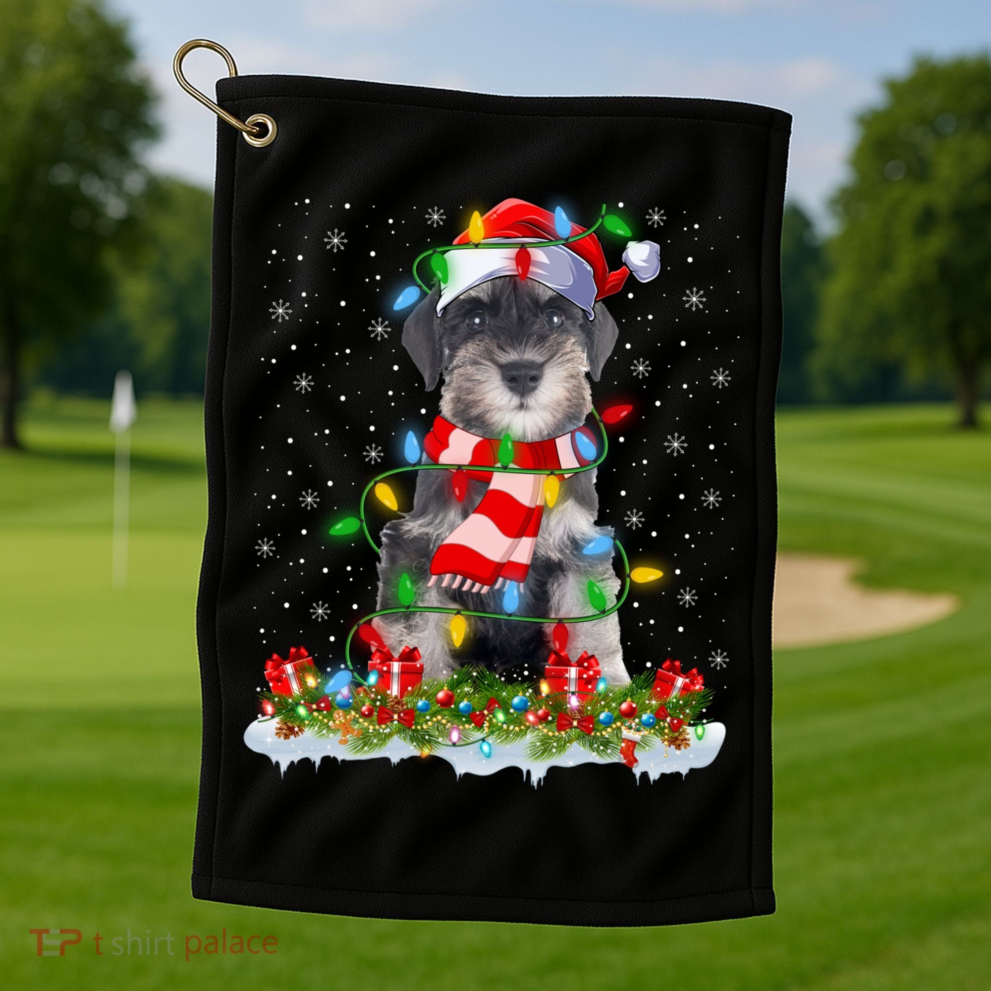Xmas Lighting Santa Schnauzer Dog Christmas Gift Golf Towel