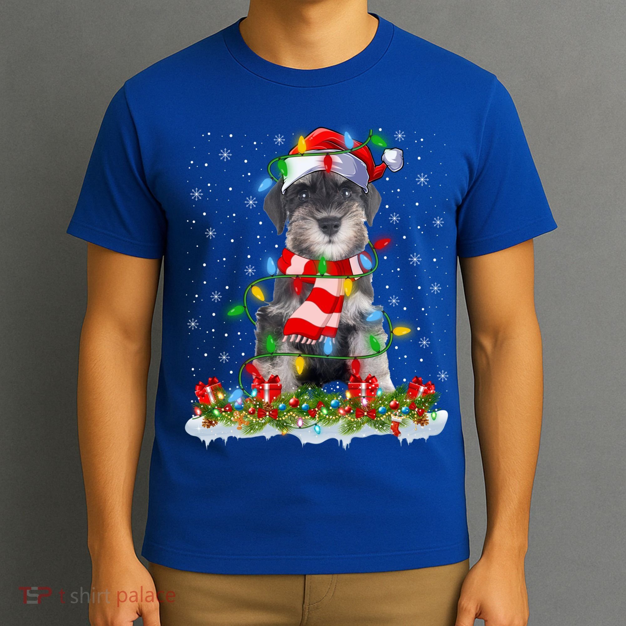 Xmas Lighting Santa Schnauzer Dog Christmas Gift T-Shirt