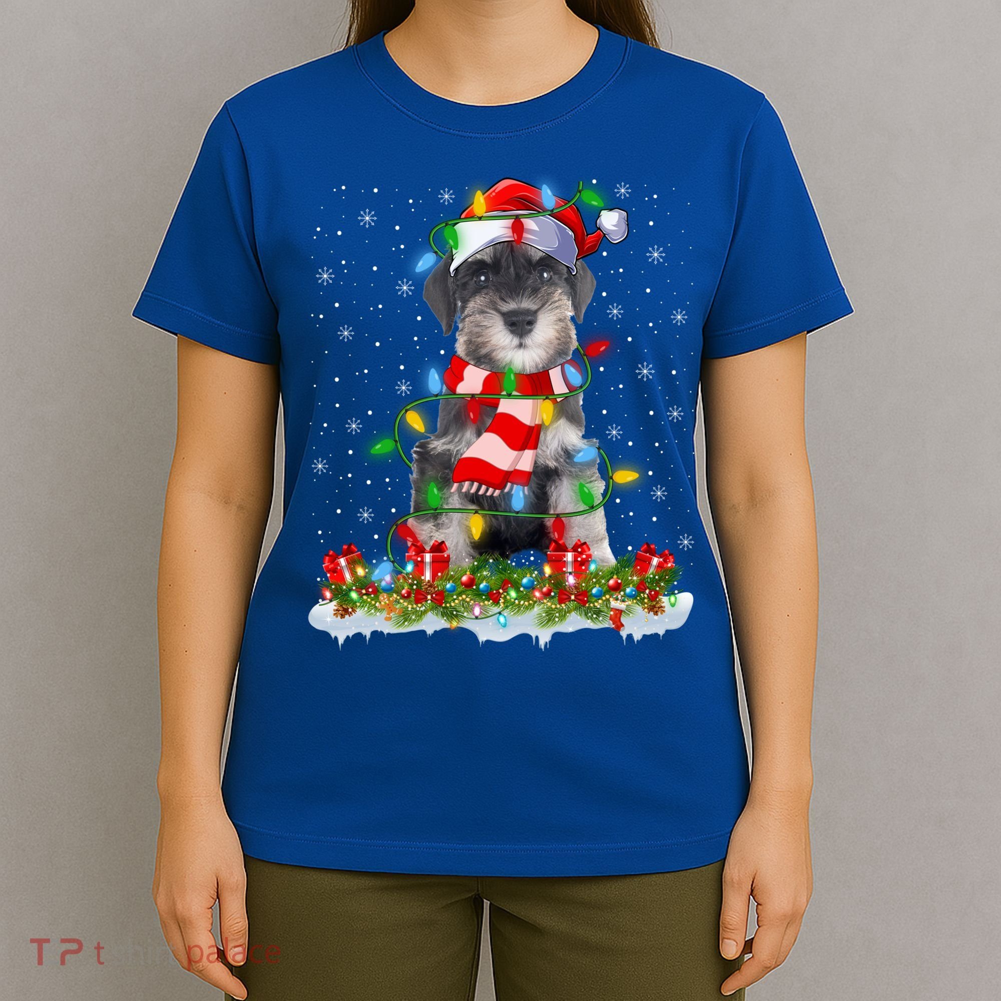 Xmas Lighting Santa Schnauzer Dog Christmas Gift T-Shirt