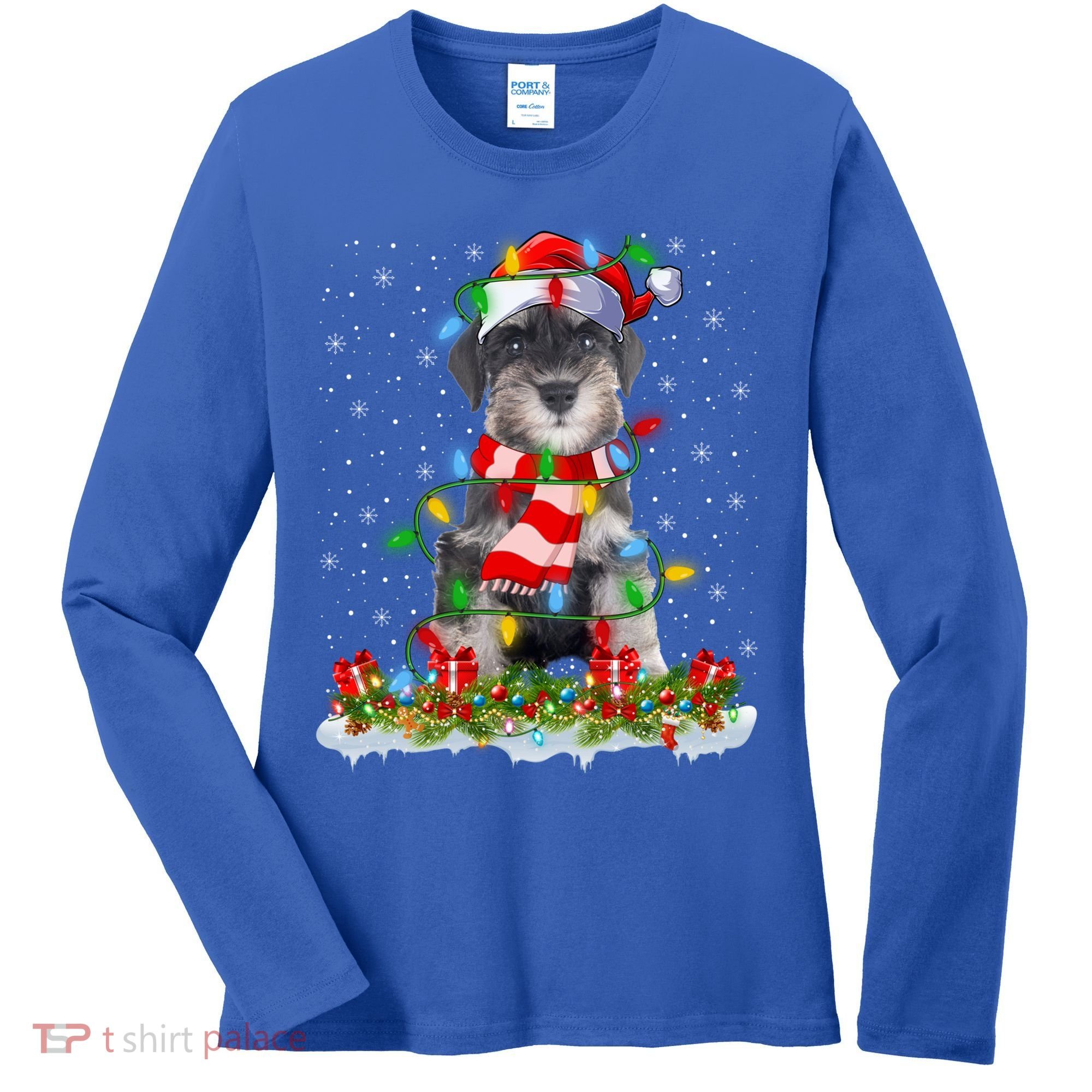 Xmas Lighting Santa Schnauzer Dog Christmas Gift Women's Long Sleeve Shirt