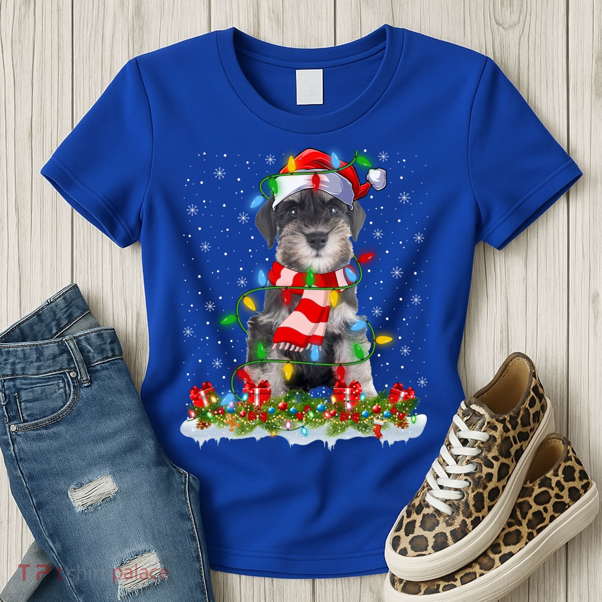Xmas Lighting Santa Schnauzer Dog Christmas Gift Women's T-Shirt