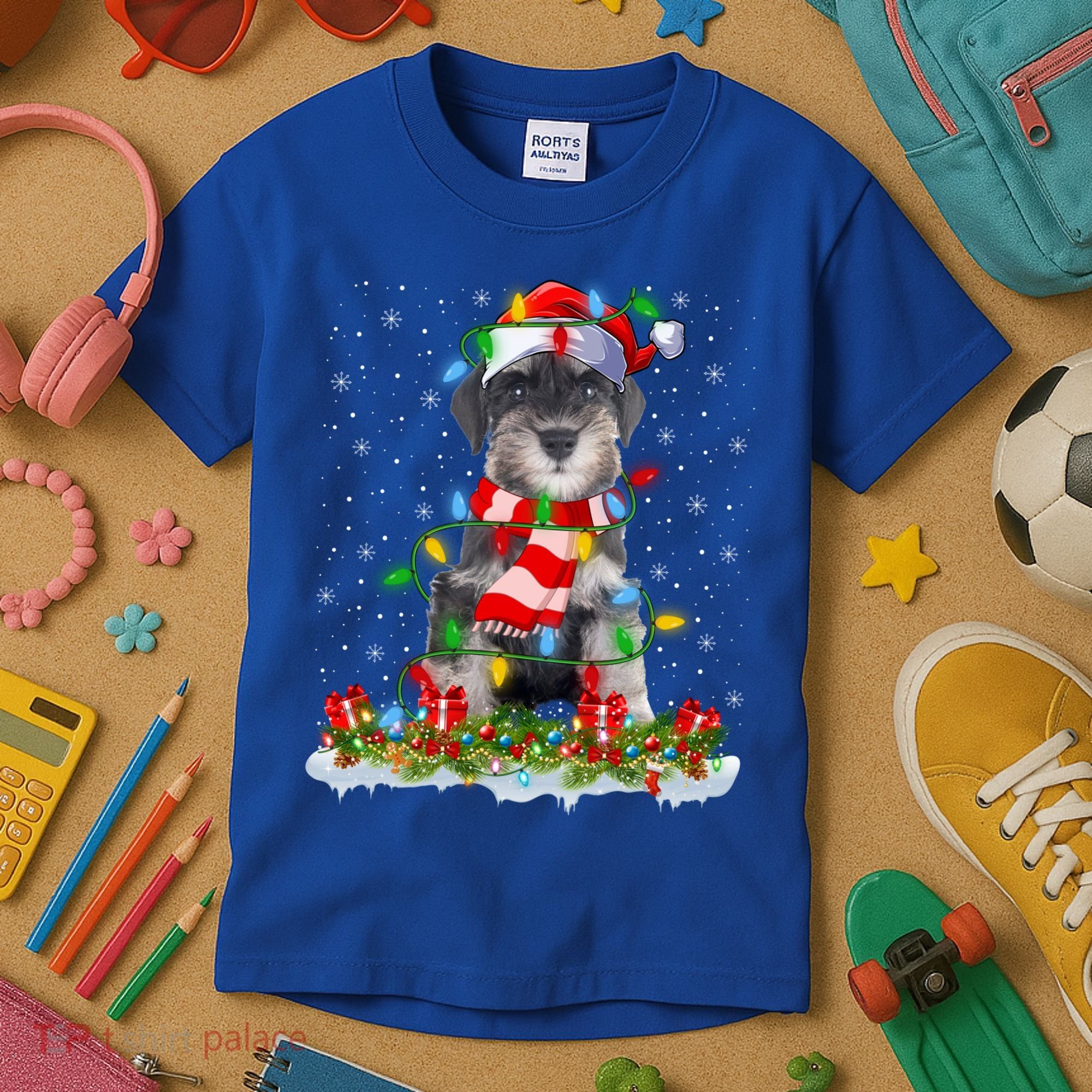 Xmas Lighting Santa Schnauzer Dog Christmas Gift Kids T-Shirt
