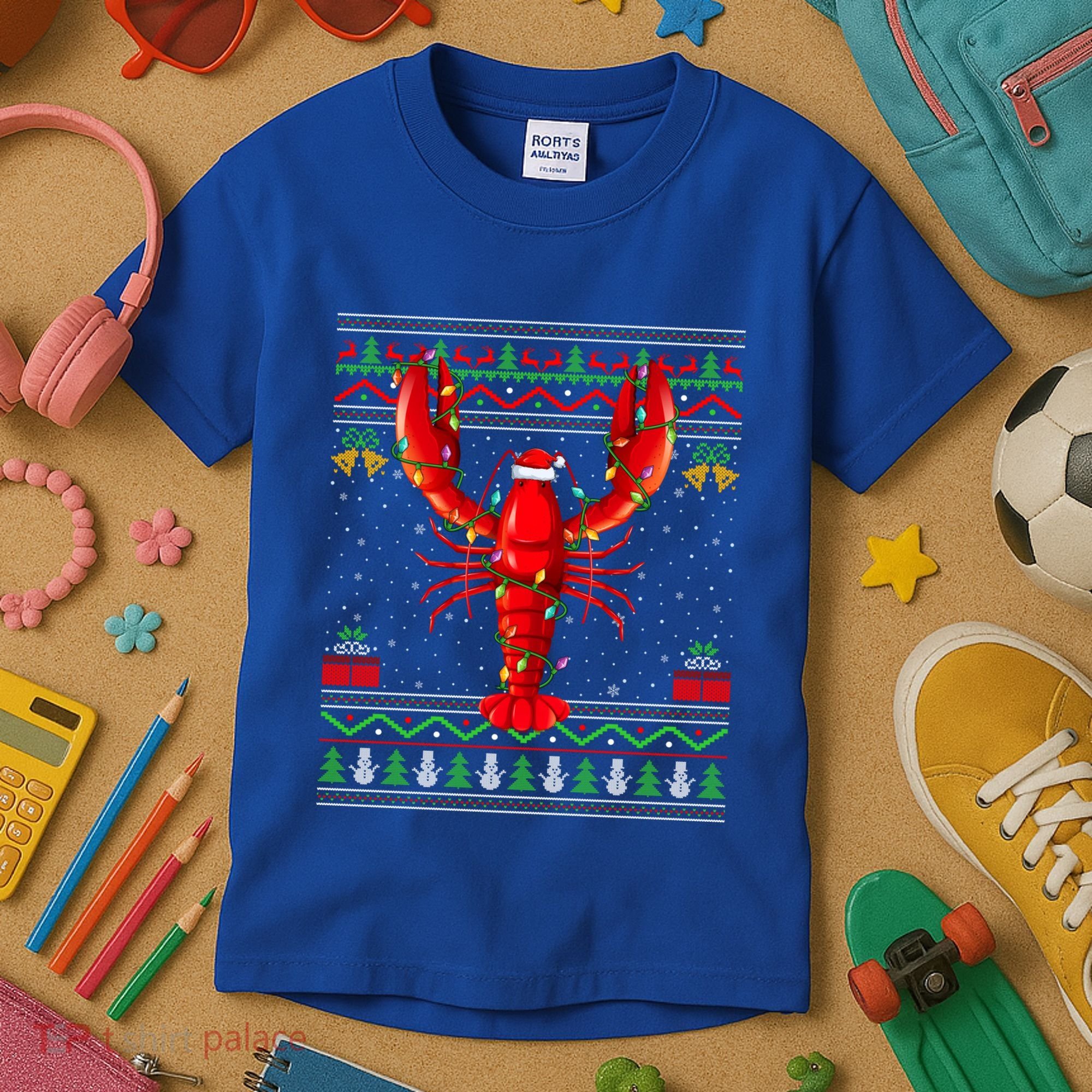 Xmas Lights Ugly Style Santa Lobster Fish Christmas Gift Kids T-Shirt