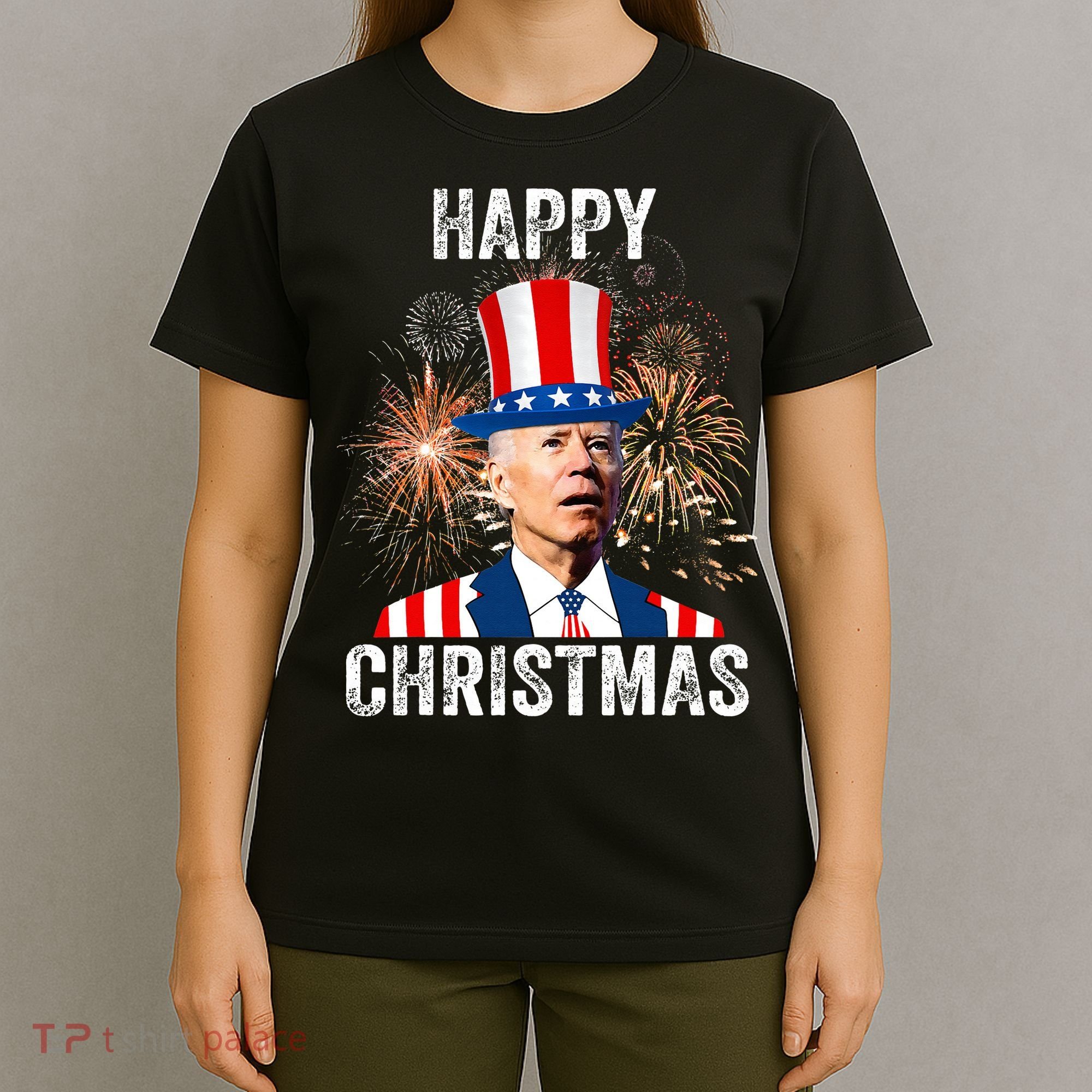 Xmas Merry Christmas Funny Happy 4th Of July Anti Joe Biden T-Shirt