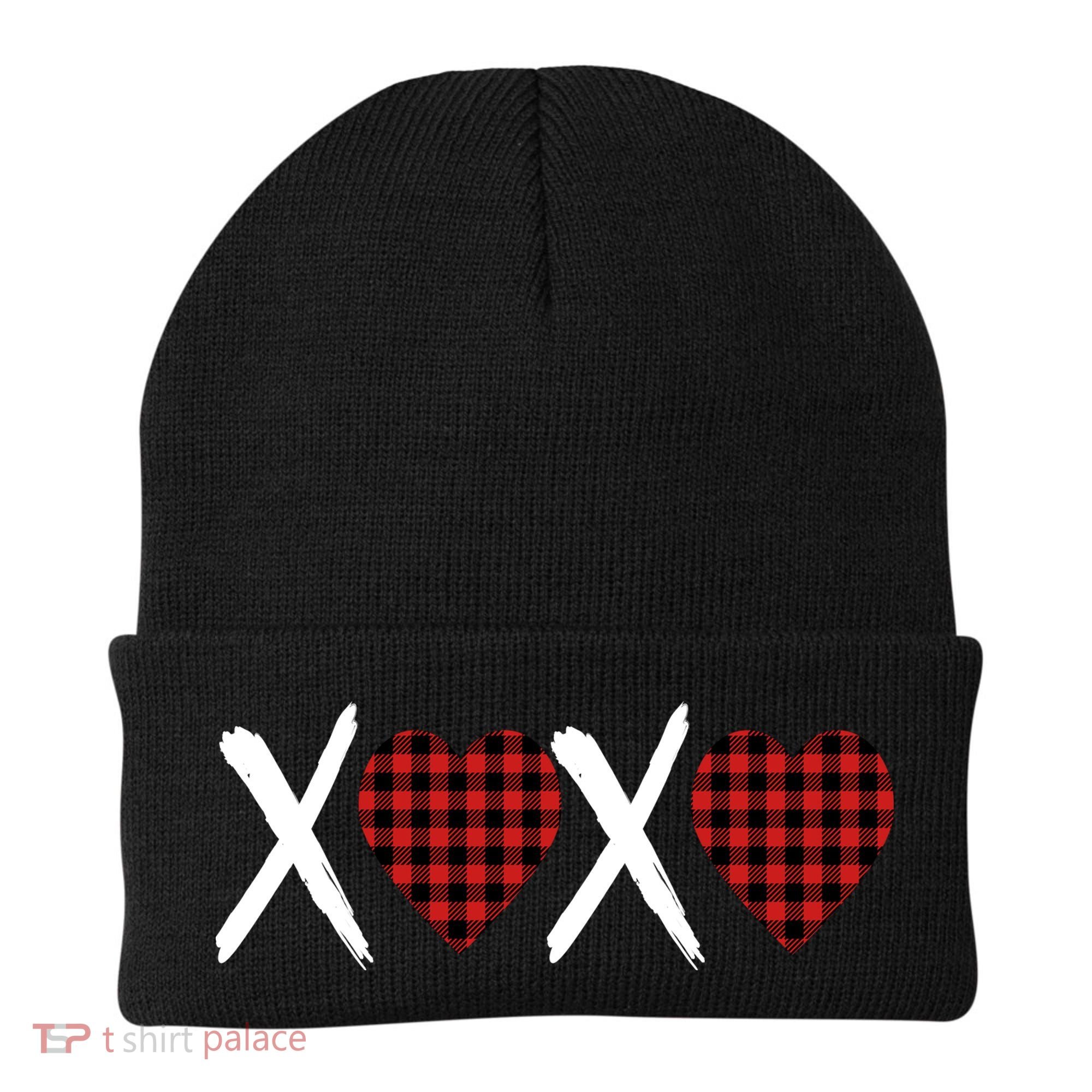 XOXO Plaid Pattern Love Heart Beanie