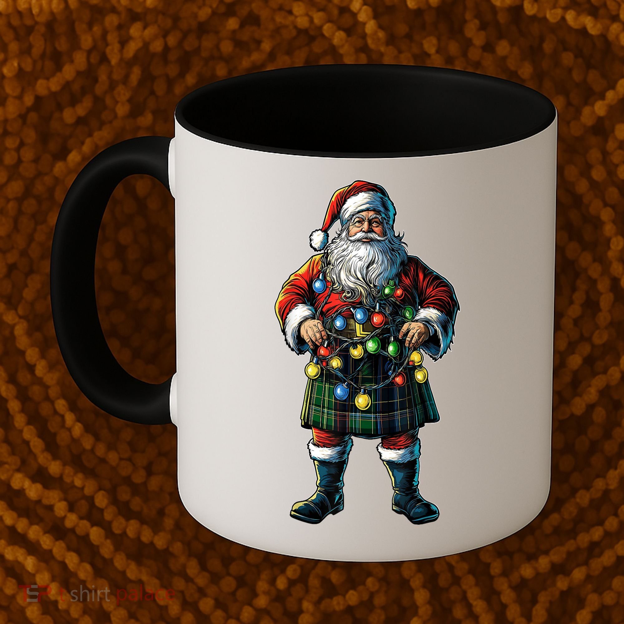 Xmas Santa Claus Hat Scottish Kilt Scotland Christmas Lights Gift Coffee Mug