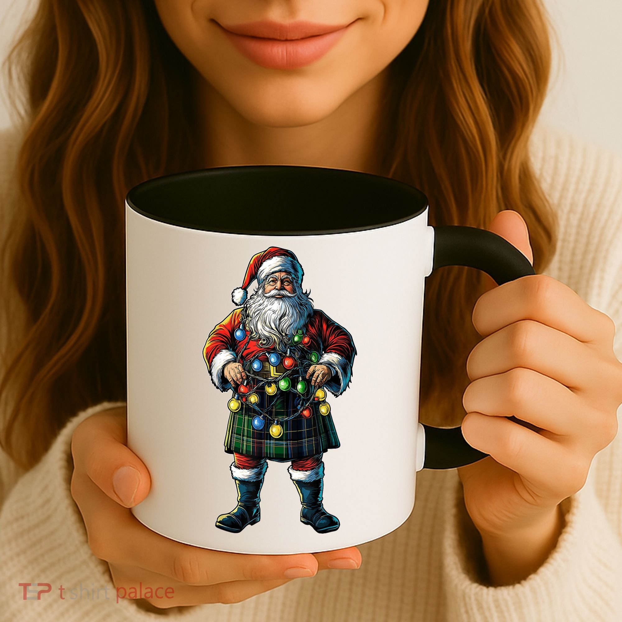Xmas Santa Claus Hat Scottish Kilt Scotland Christmas Lights Gift Coffee Mug