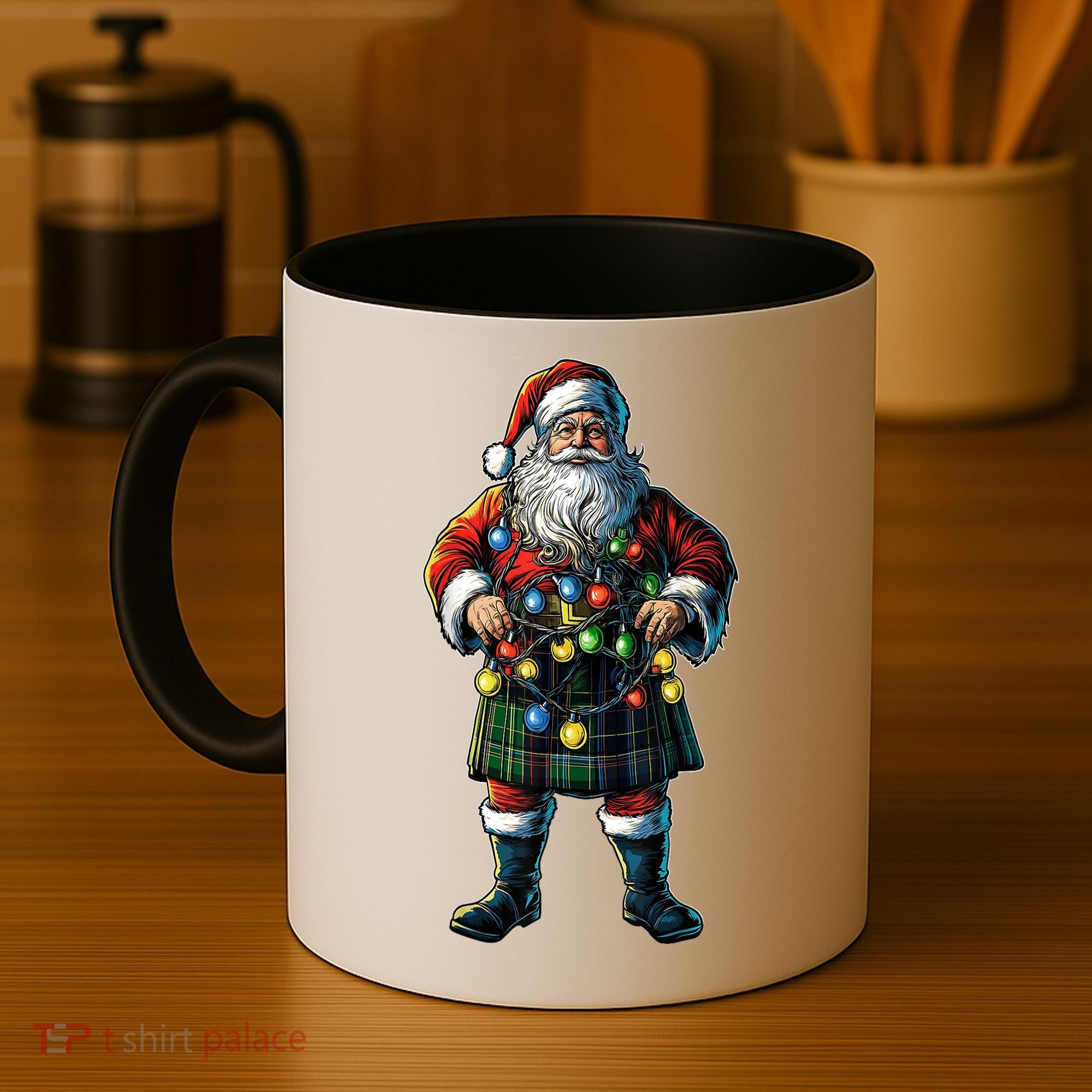 Xmas Santa Claus Hat Scottish Kilt Scotland Christmas Lights Gift Coffee Mug