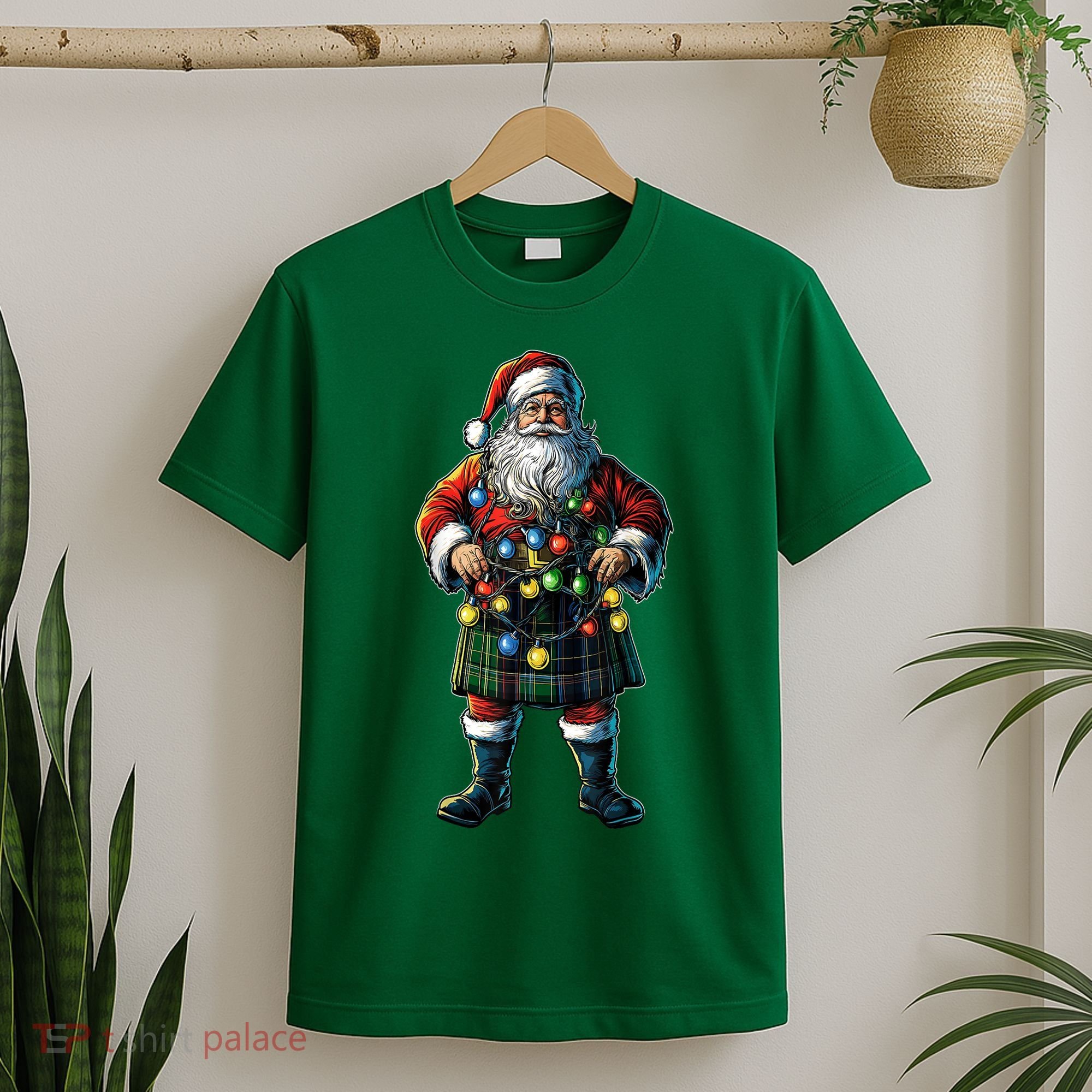 Xmas Santa Claus Hat Scottish Kilt Scotland Christmas Lights Gift T-Shirt