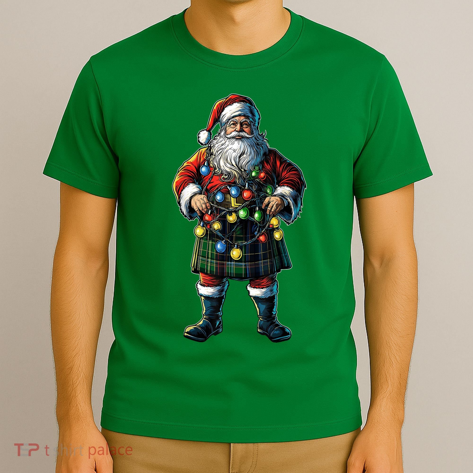 Xmas Santa Claus Hat Scottish Kilt Scotland Christmas Lights Gift T-Shirt