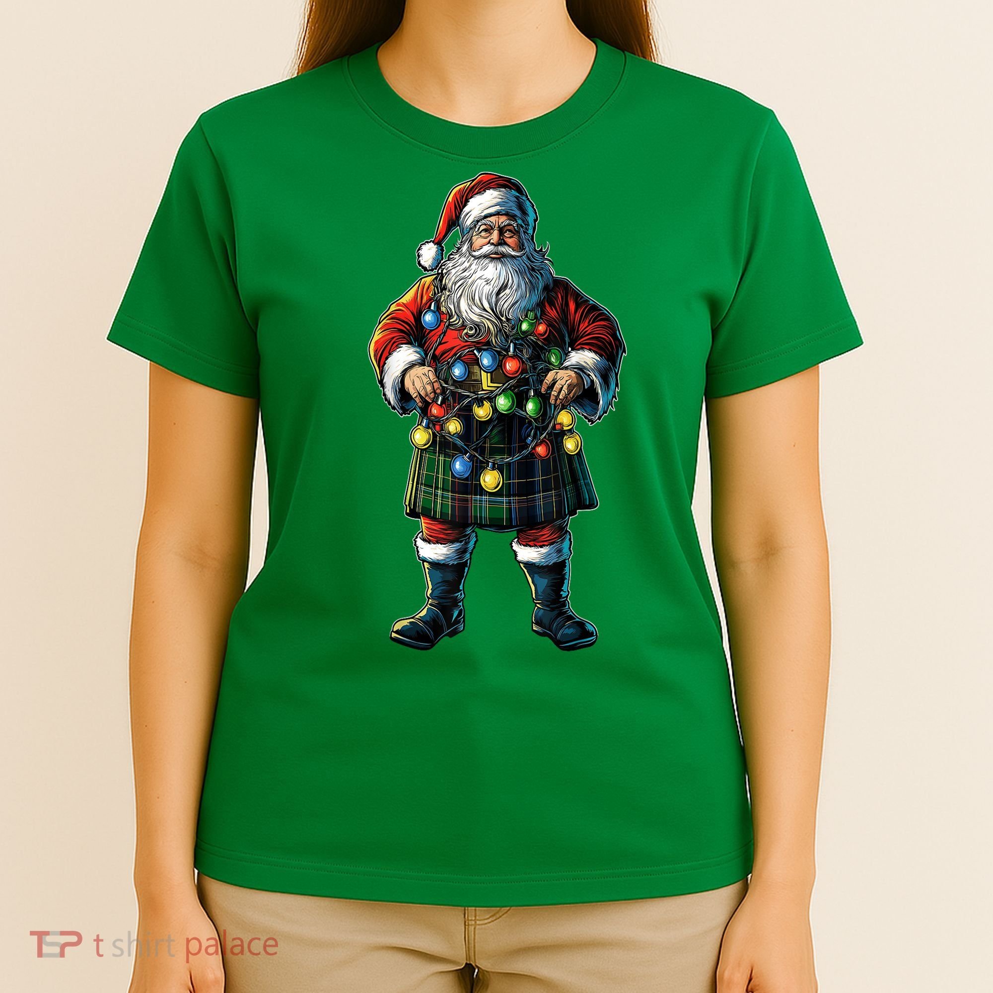 Xmas Santa Claus Hat Scottish Kilt Scotland Christmas Lights Gift T-Shirt