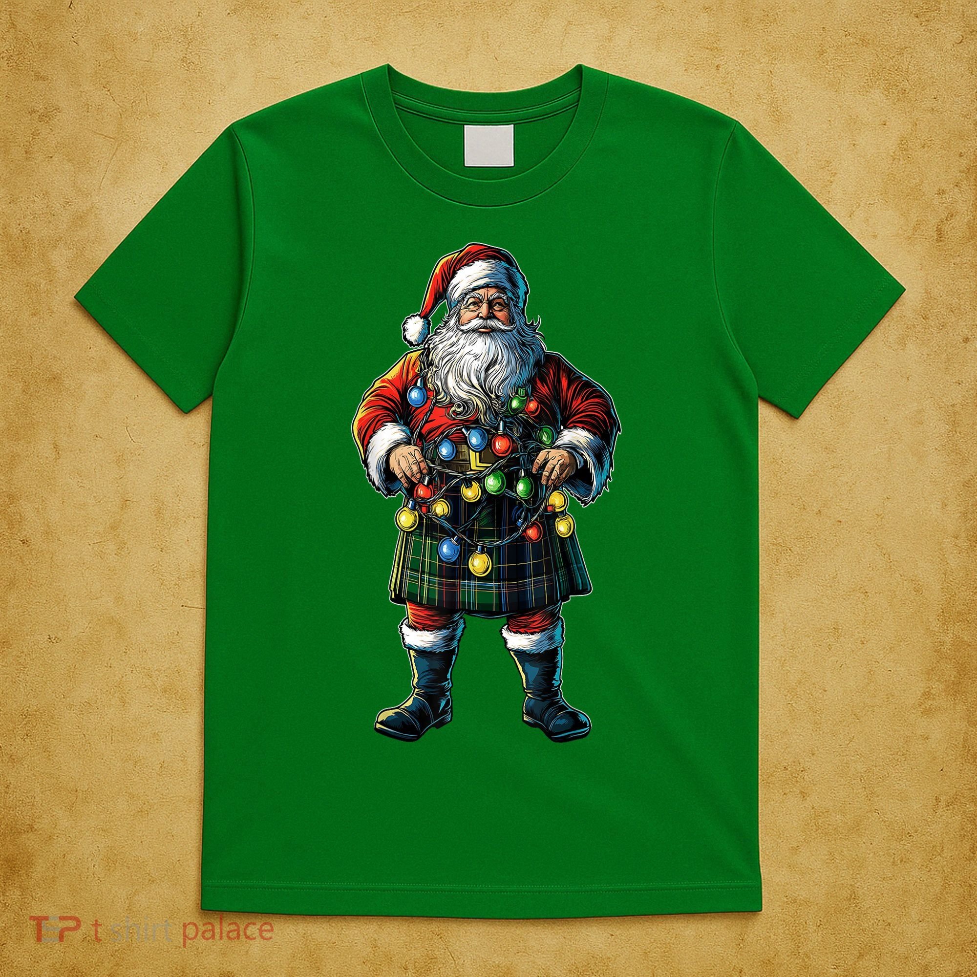 Xmas Santa Claus Hat Scottish Kilt Scotland Christmas Lights Gift T-Shirt