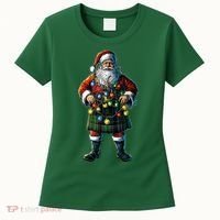 Xmas Santa Claus Hat Scottish Kilt Scotland Christmas Lights Gift Women's T-Shirt thumb 0