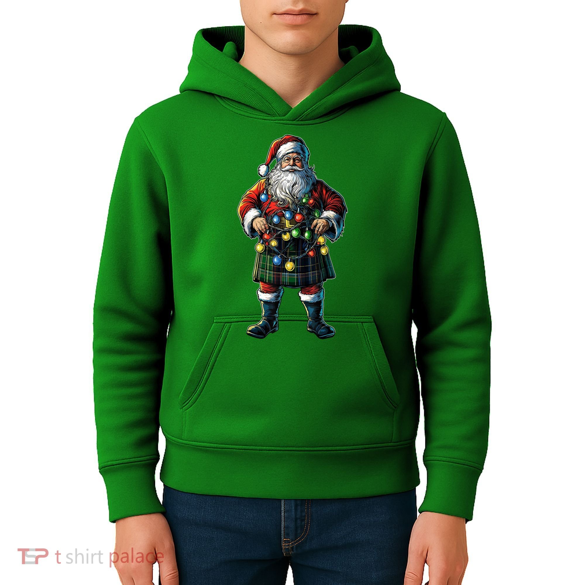Xmas Santa Claus Hat Scottish Kilt Scotland Christmas Lights Gift Kids Hoodie