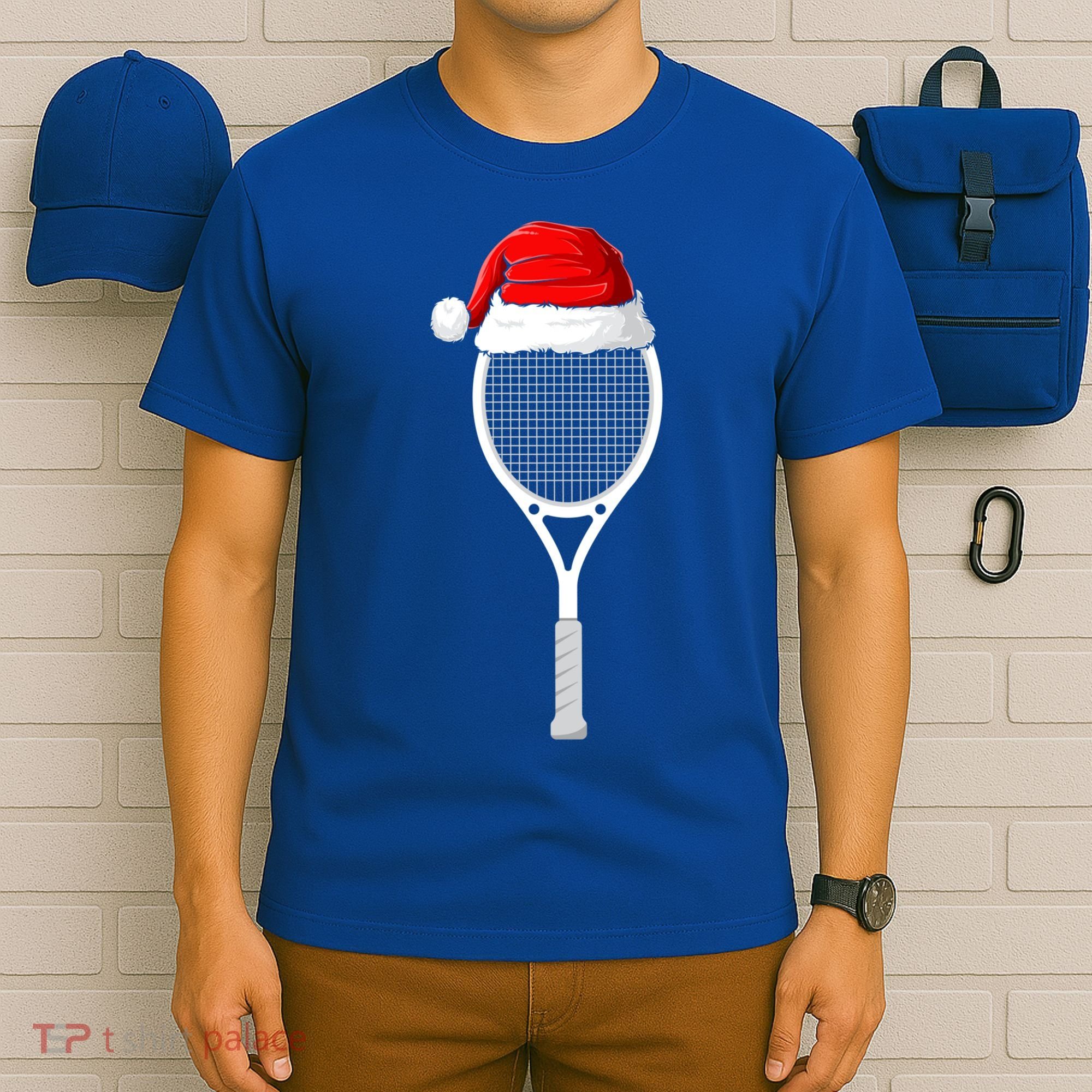Xmas Santa Hat Tennis Racket Christmas Tennis Cool Gift T-Shirt