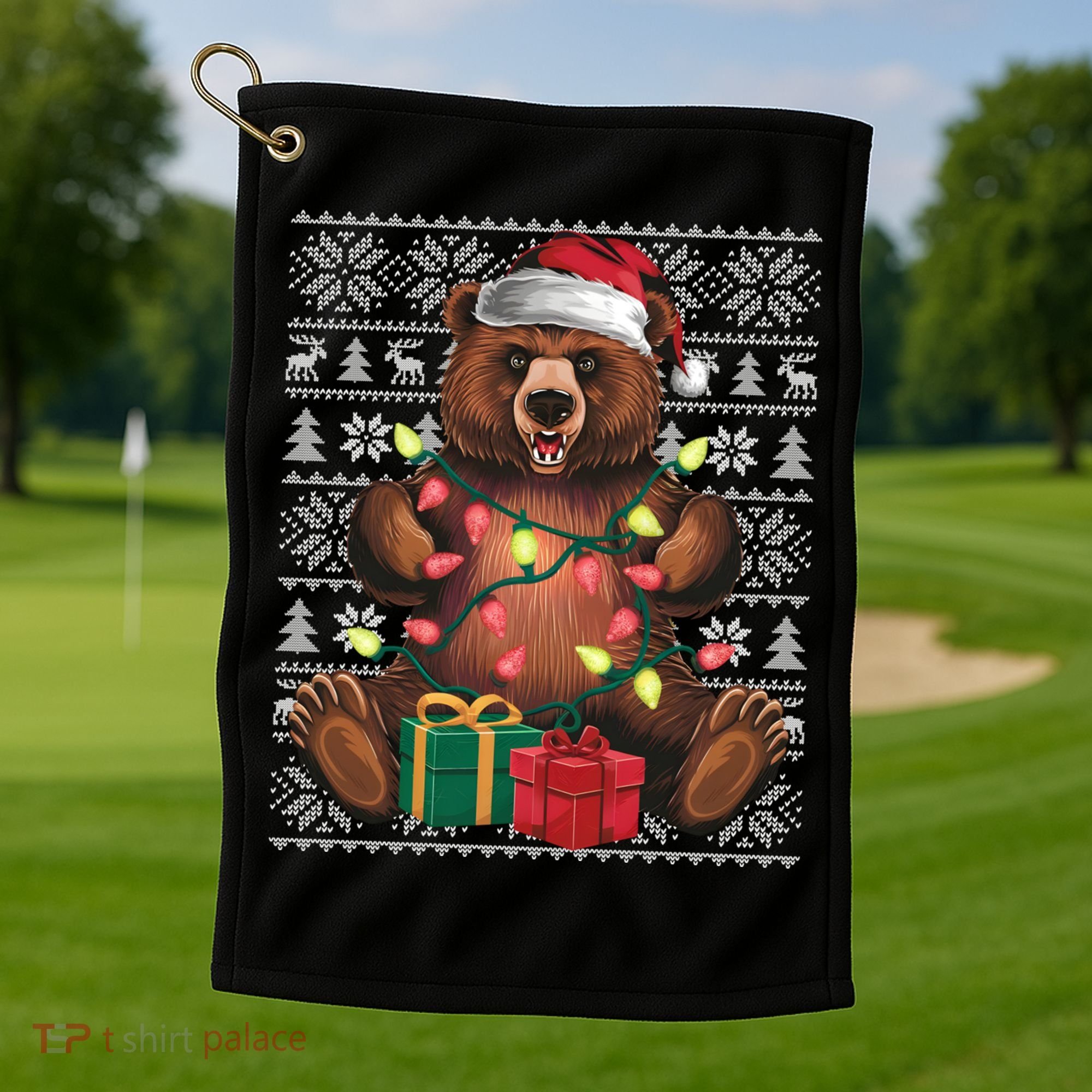 Xmas Style Ugly Santa Hat Grizzly Bear Christmas Gift Golf Towel