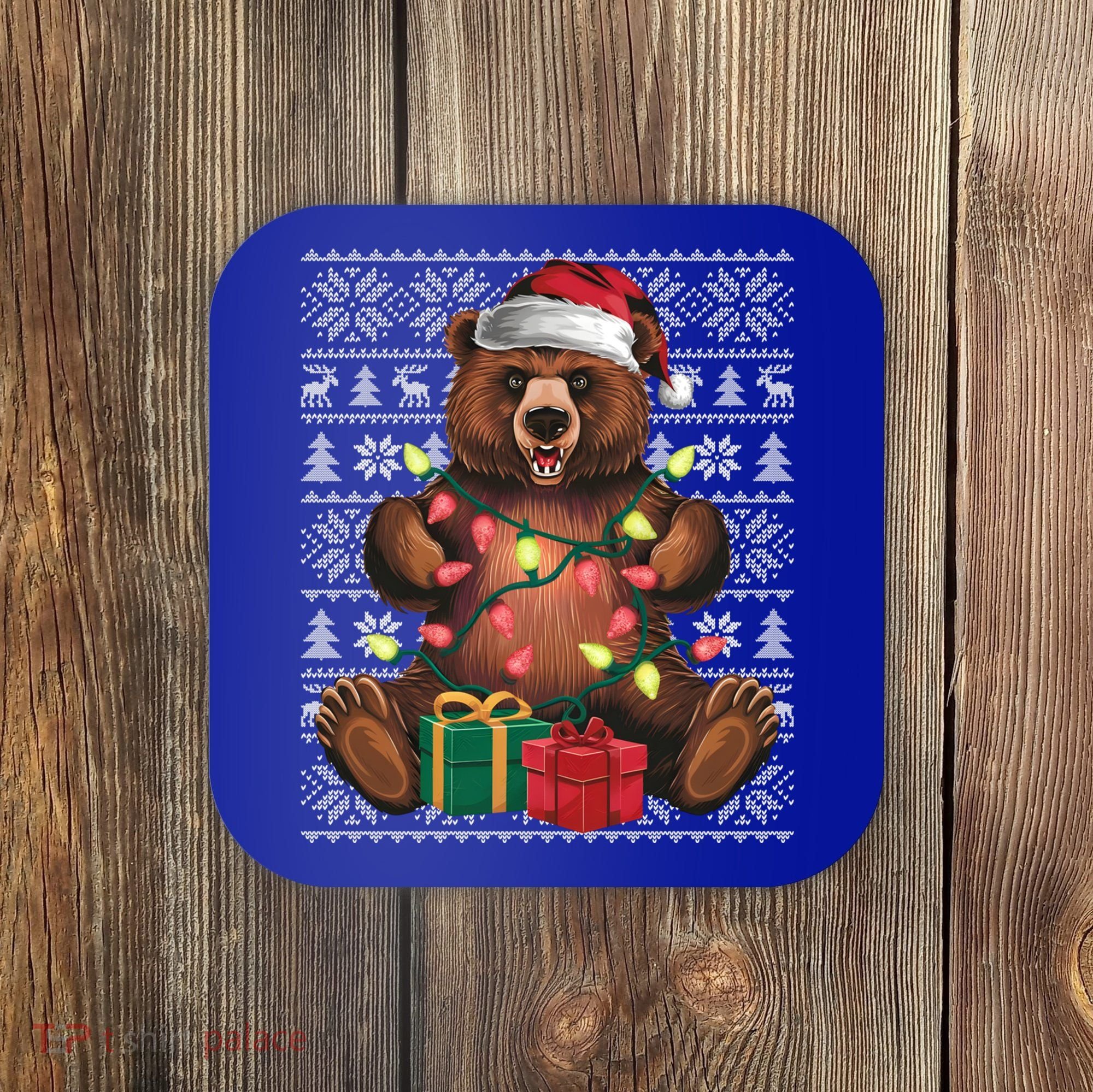 Xmas Style Ugly Santa Hat Grizzly Bear Christmas Gift Coaster