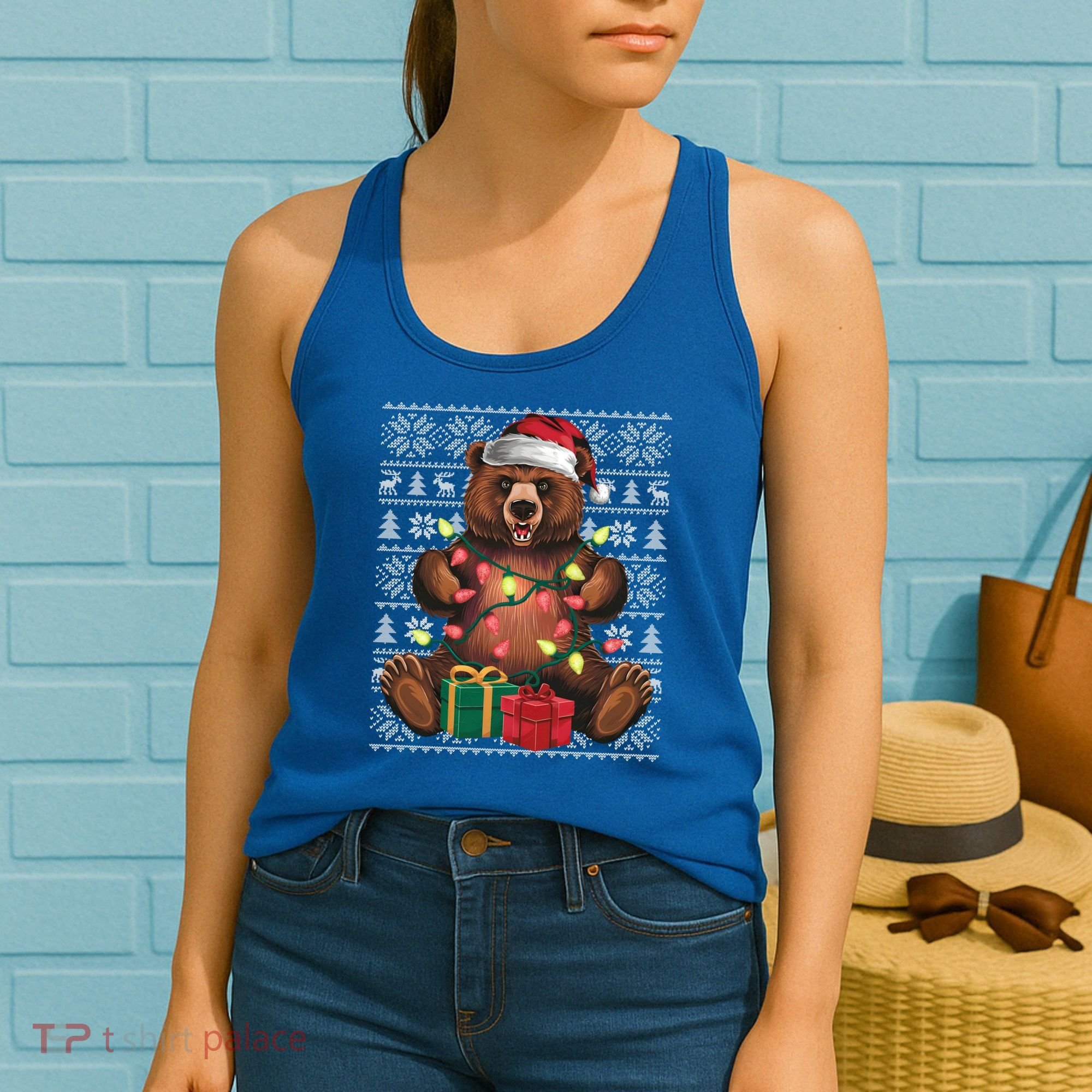 Xmas Style Ugly Santa Hat Grizzly Bear Christmas Gift Women's Tank Top