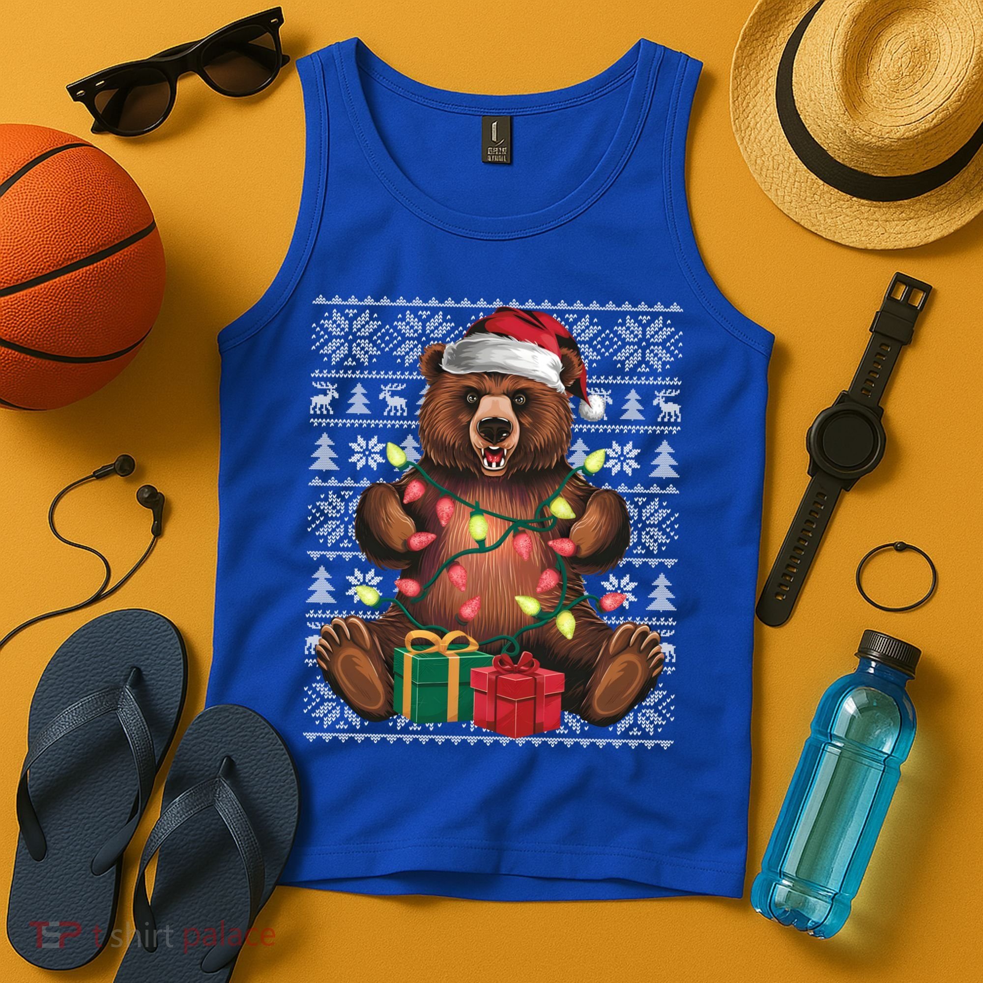 Xmas Style Ugly Santa Hat Grizzly Bear Christmas Gift Tank Top