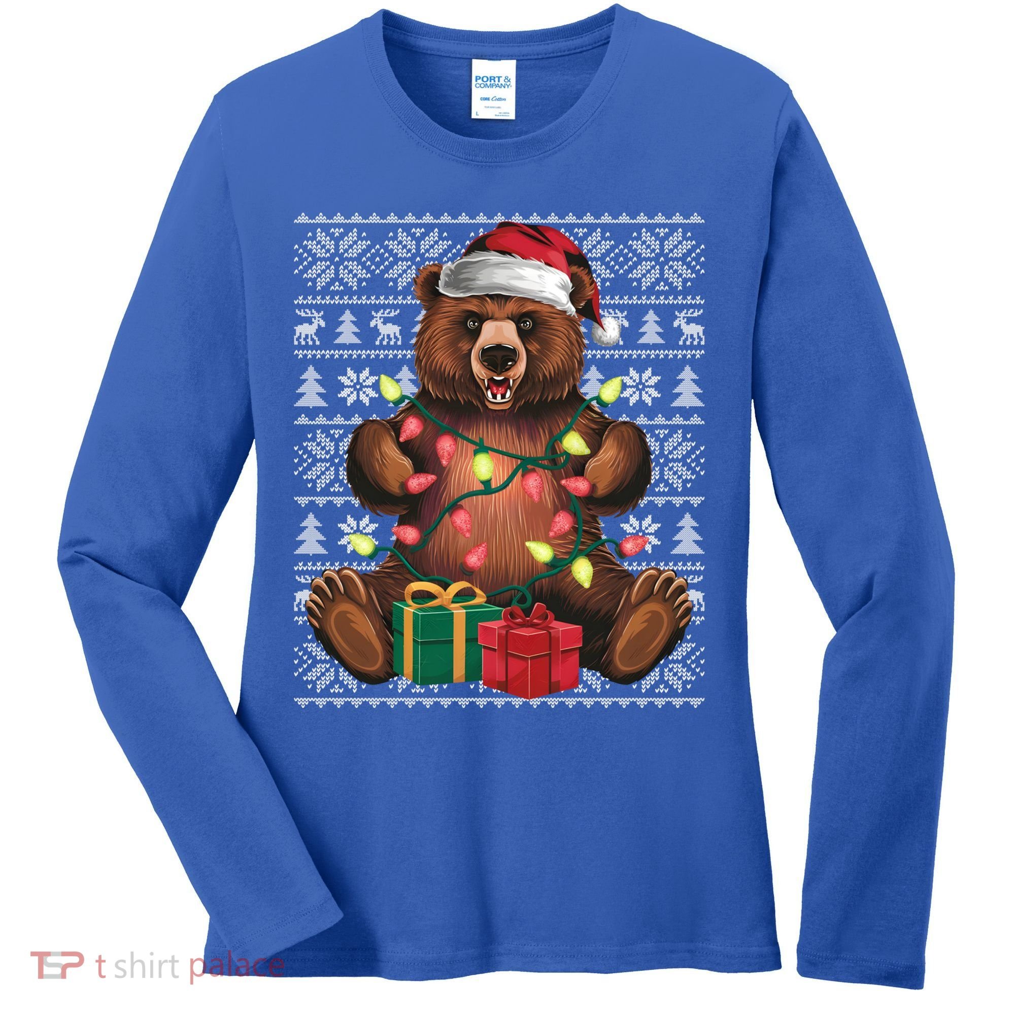 Xmas Style Ugly Santa Hat Grizzly Bear Christmas Gift Women's Long Sleeve Shirt