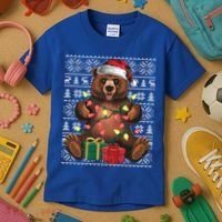 Xmas Style Ugly Santa Hat Grizzly Bear Christmas Gift Kids T-Shirt thumb 3