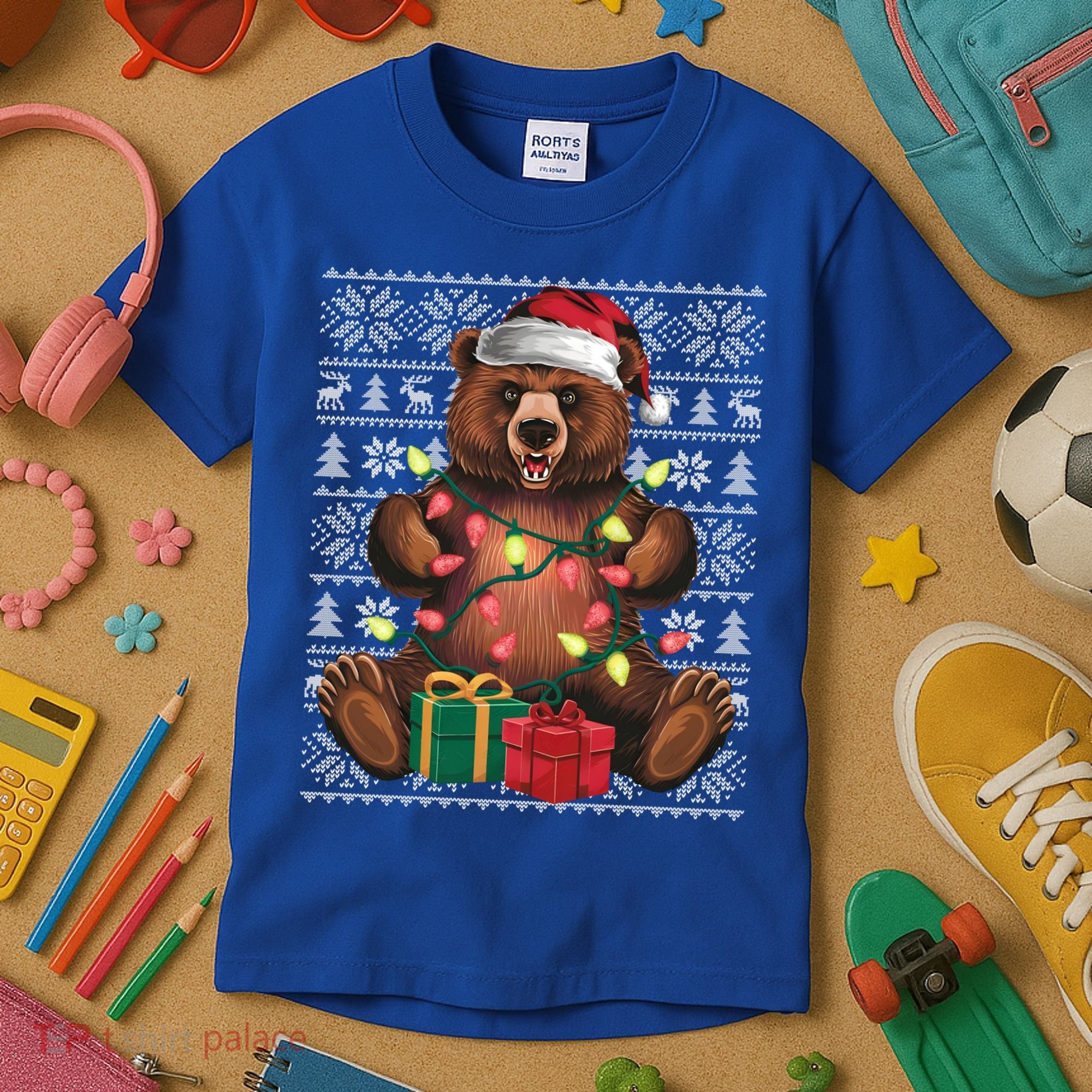 Xmas Style Ugly Santa Hat Grizzly Bear Christmas Gift Kids T-Shirt