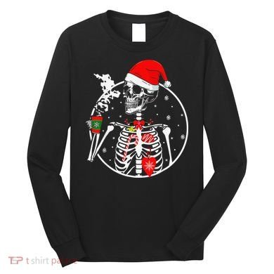 Xmas Skeleton With Smiling Skull Drinking Coffee Tree Lights Long Sleeve Shirt