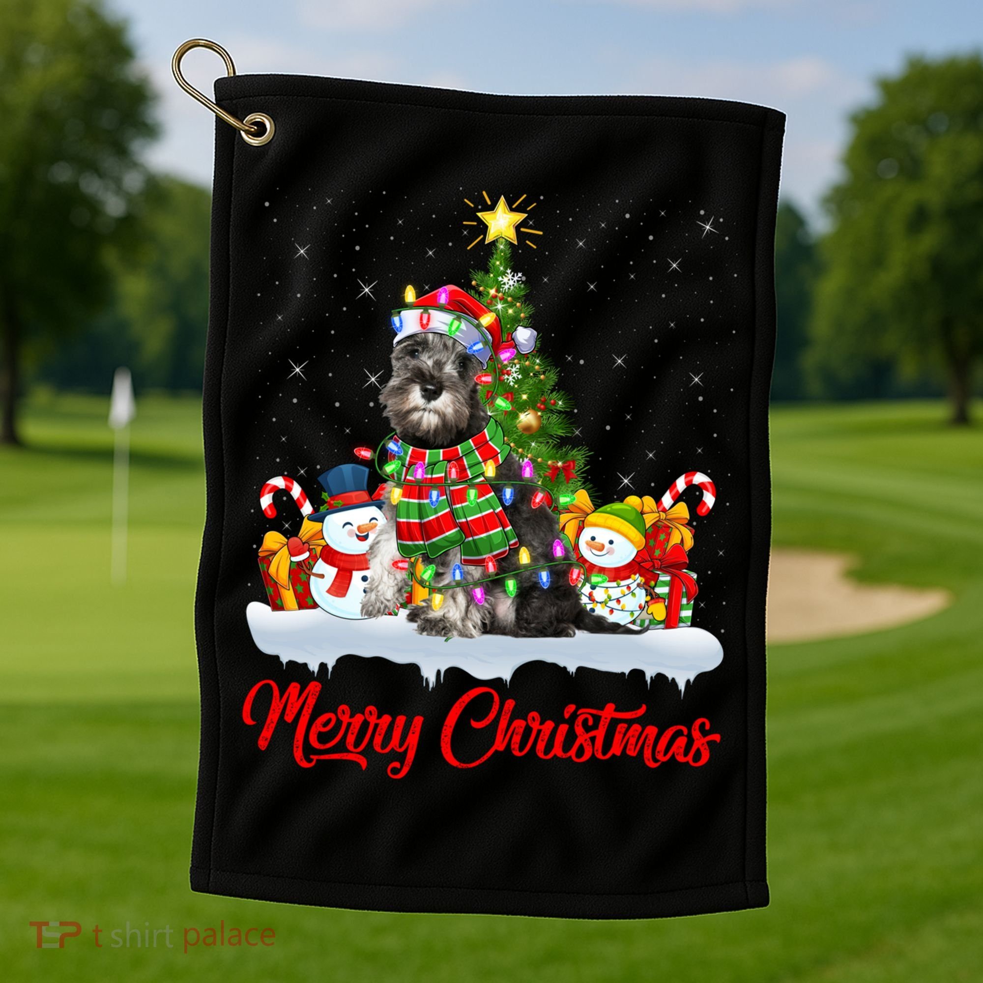 Xmas Tree Lighting Santa Miniature Schnauzer Dog Christmas Gift Golf Towel