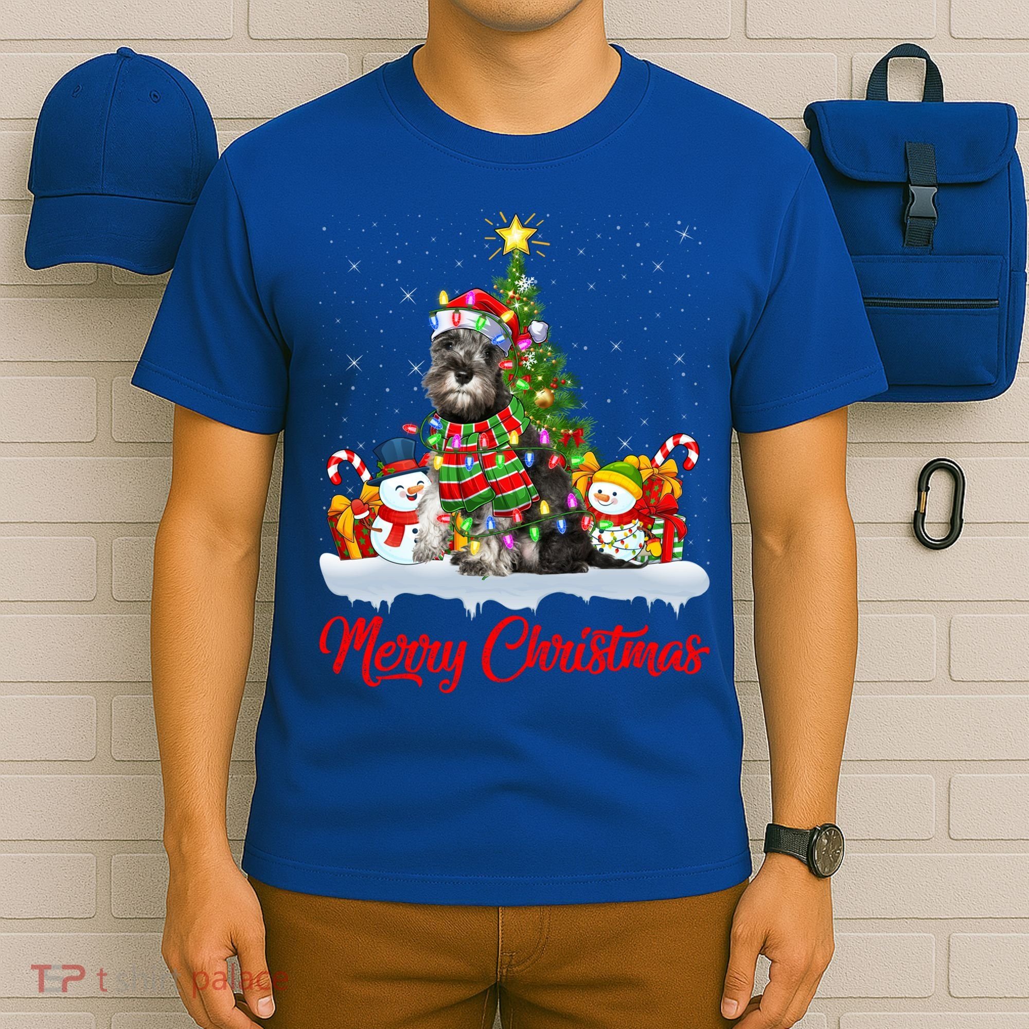 Xmas Tree Lighting Santa Miniature Schnauzer Dog Christmas Gift T-Shirt