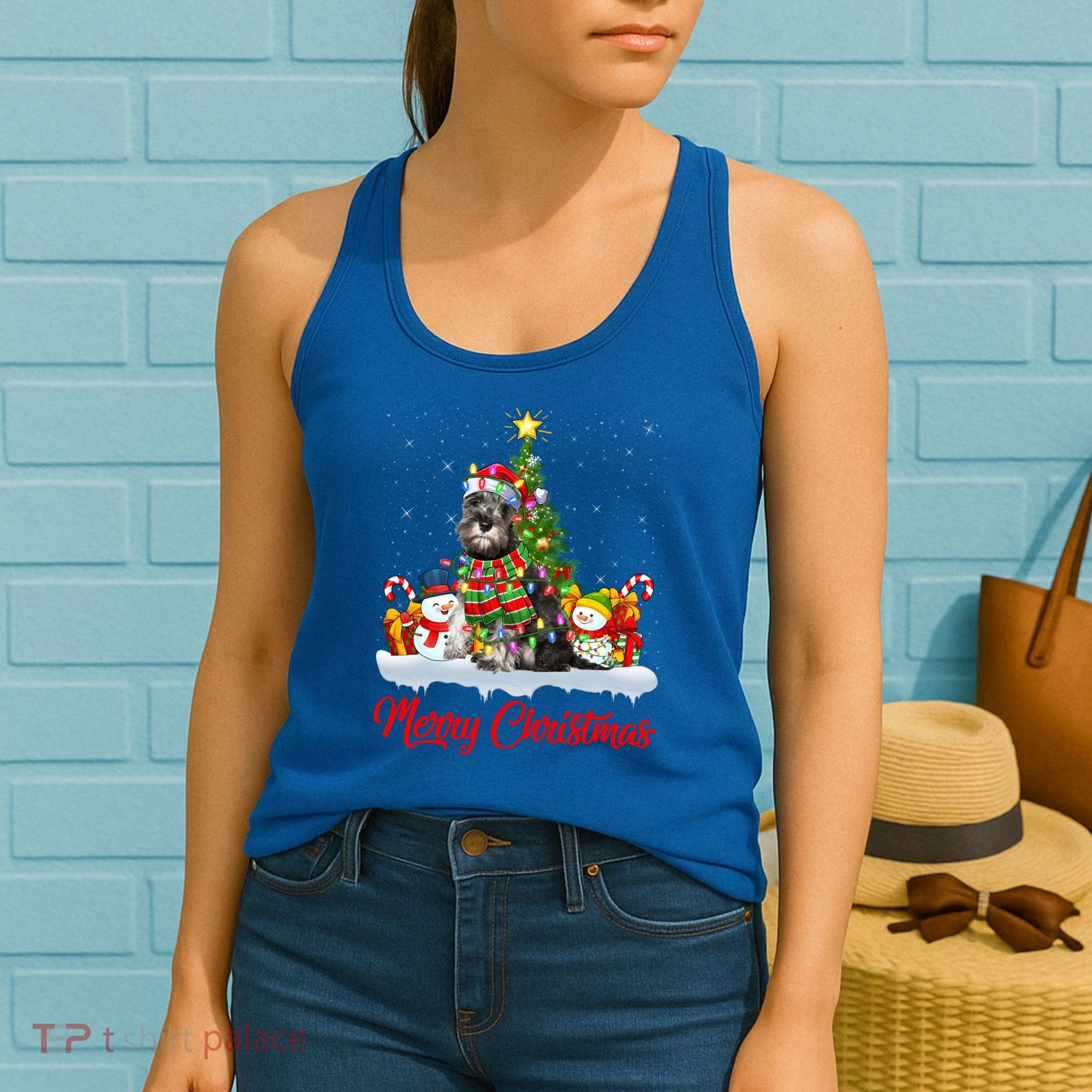 Xmas Tree Lighting Santa Miniature Schnauzer Dog Christmas Gift Women's Tank Top