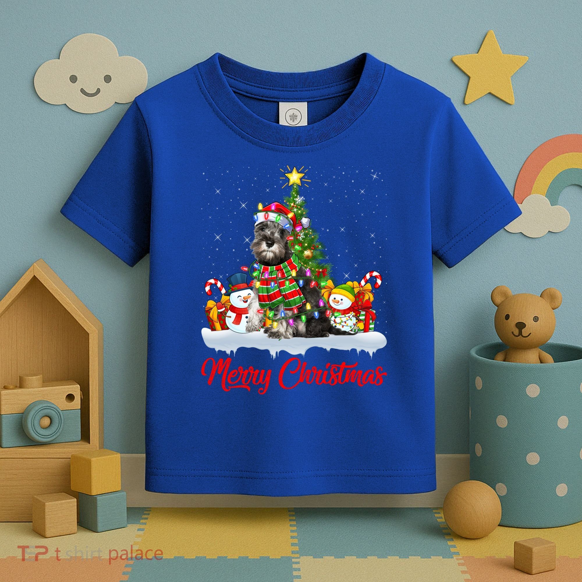 Xmas Tree Lighting Santa Miniature Schnauzer Dog Christmas Gift Toddler T-Shirt