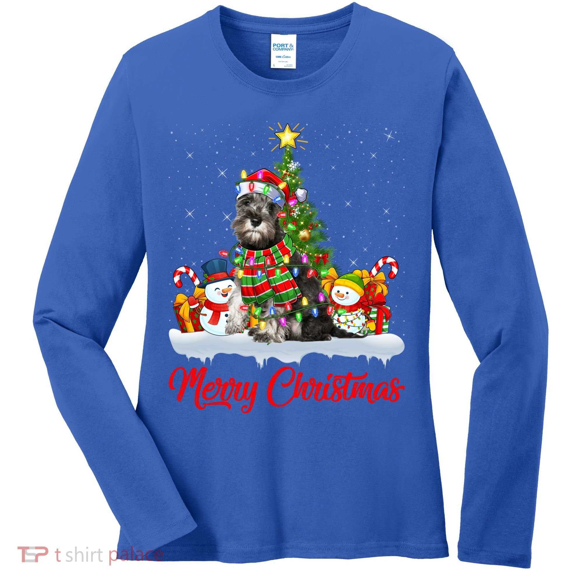 Xmas Tree Lighting Santa Miniature Schnauzer Dog Christmas Gift Women's Long Sleeve Shirt