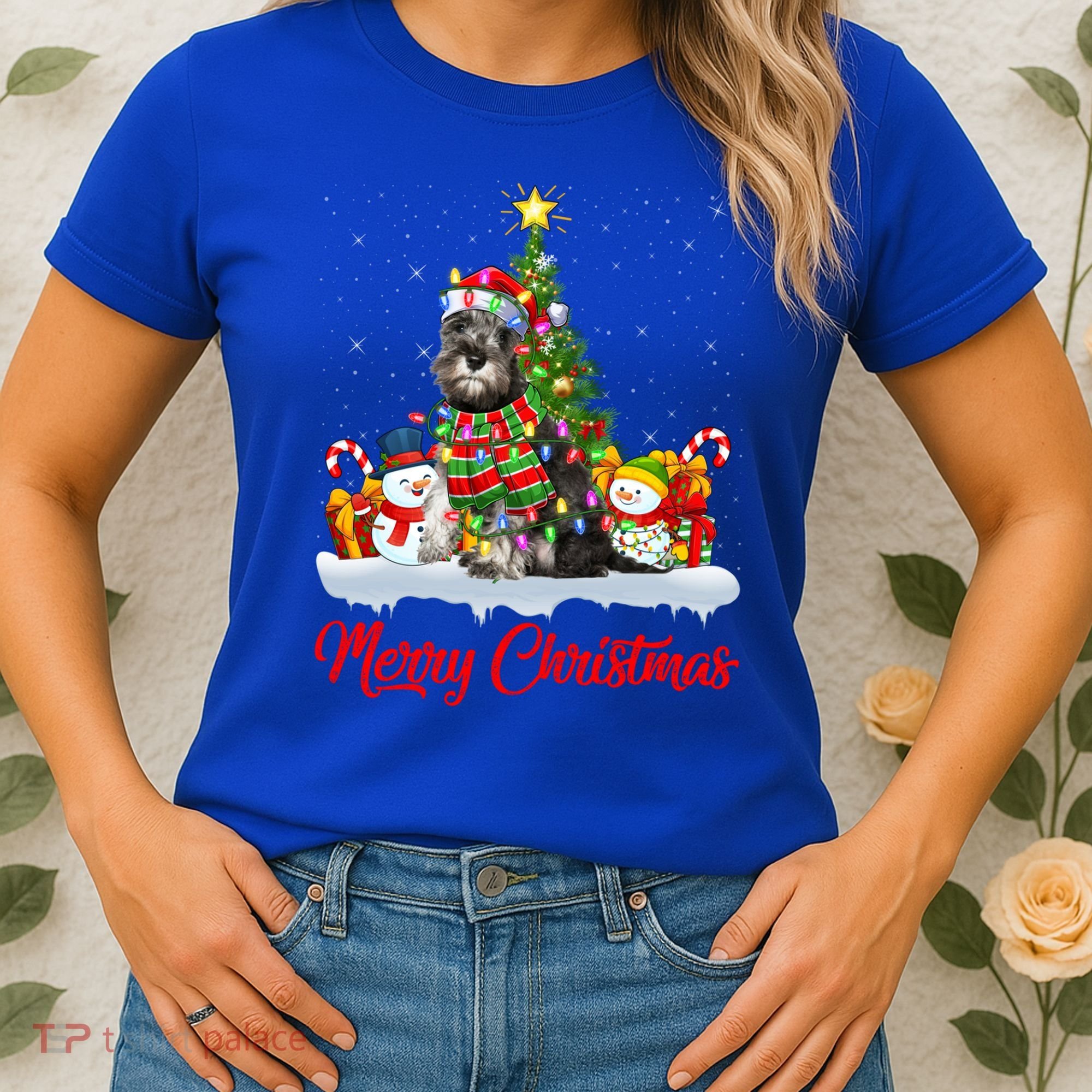 Xmas Tree Lighting Santa Miniature Schnauzer Dog Christmas Gift Women's T-Shirt