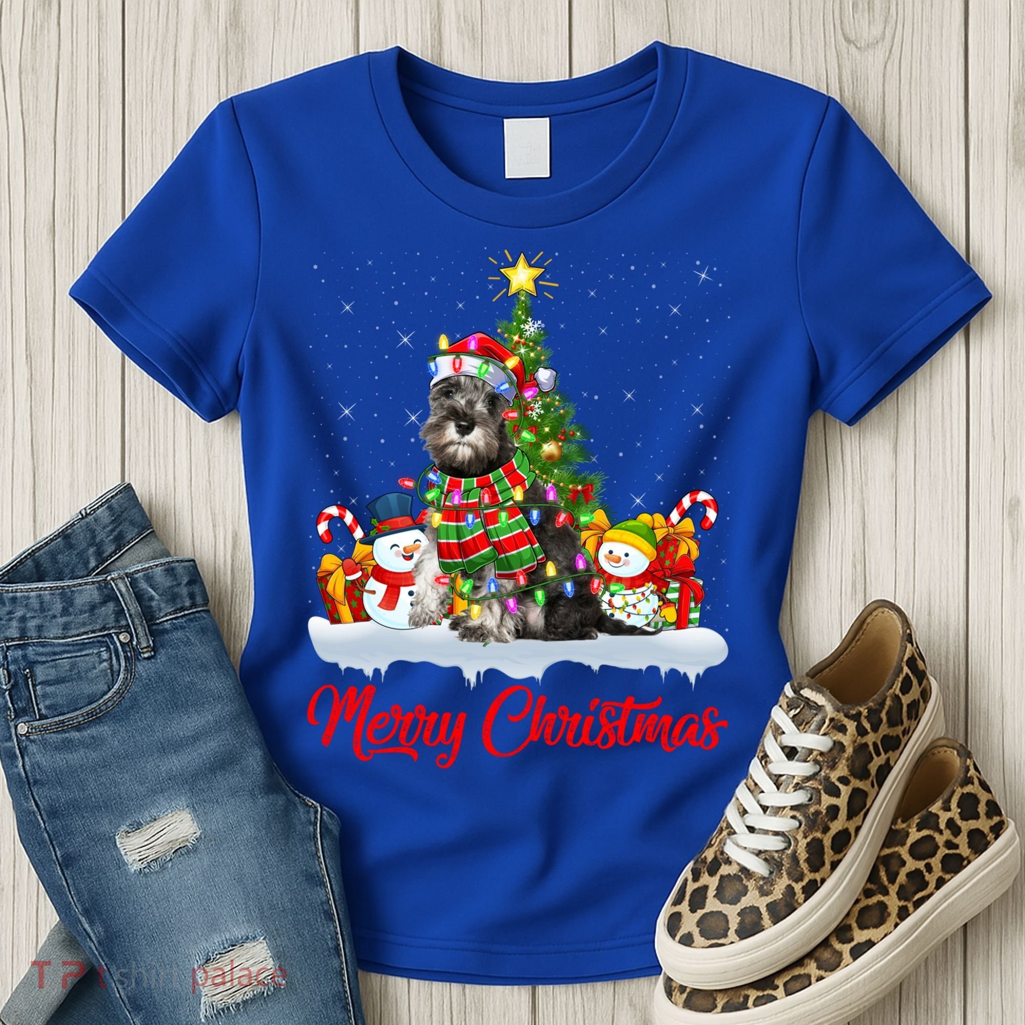 Xmas Tree Lighting Santa Miniature Schnauzer Dog Christmas Gift Women's T-Shirt