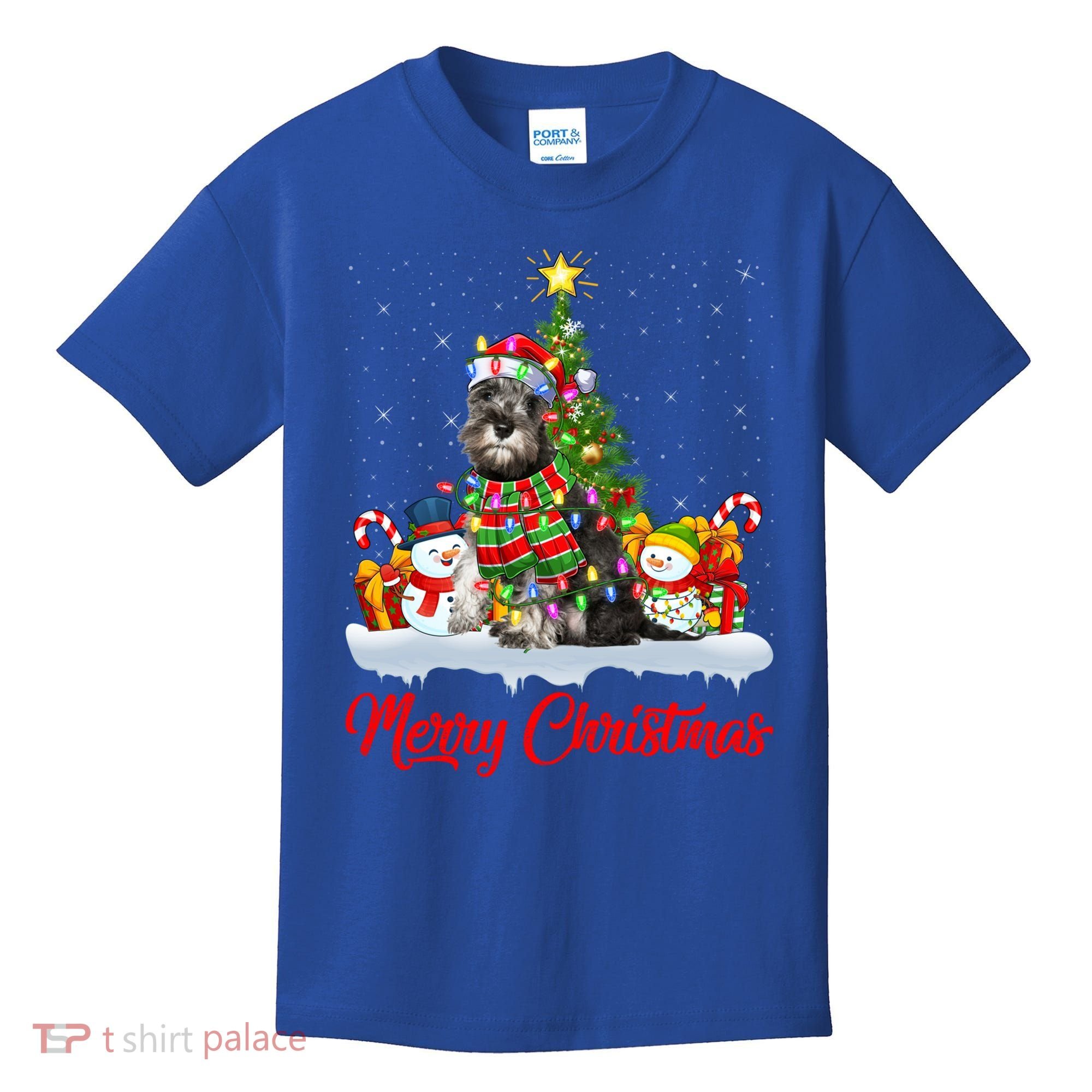 Xmas Tree Lighting Santa Miniature Schnauzer Dog Christmas Gift Kids T-Shirt