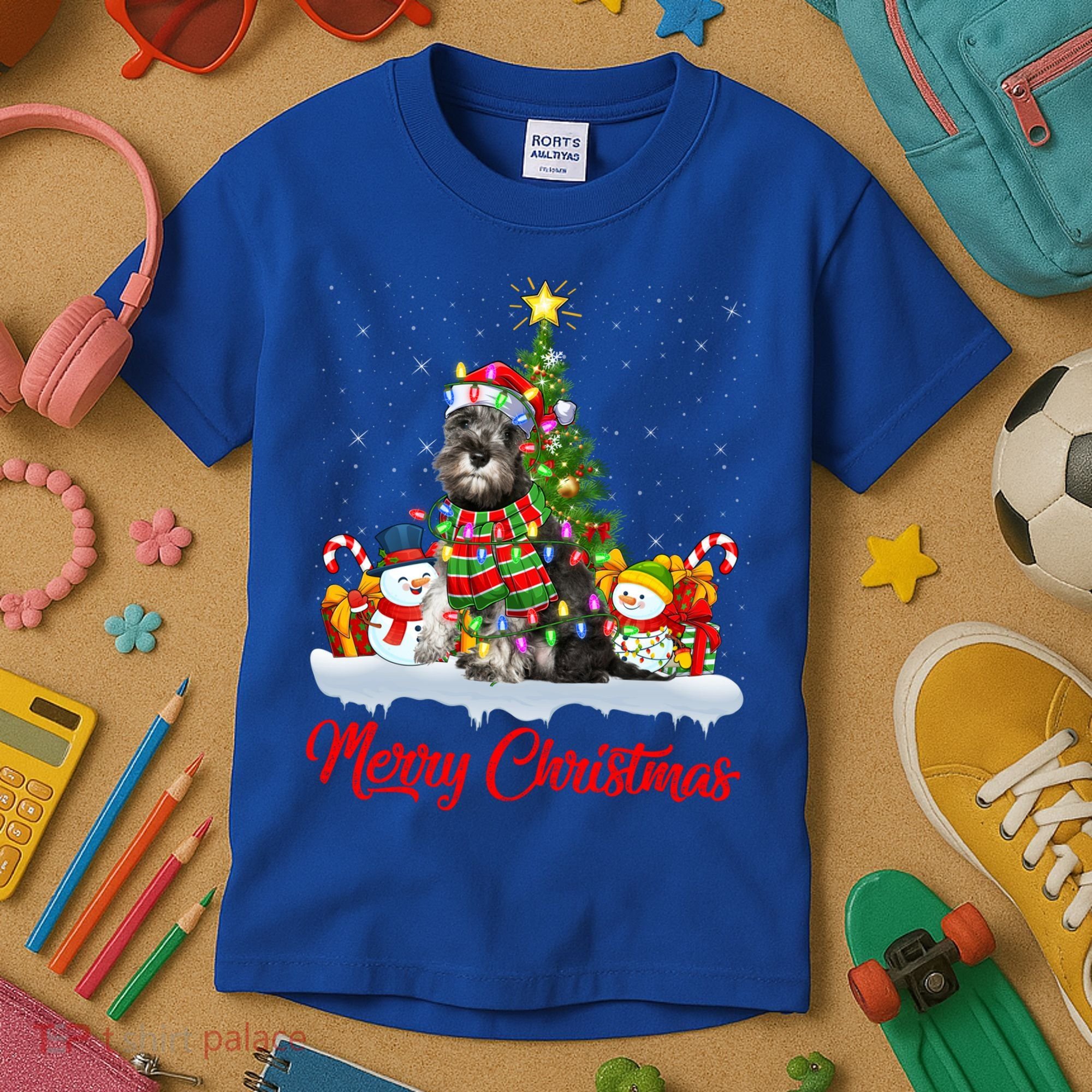 Xmas Tree Lighting Santa Miniature Schnauzer Dog Christmas Gift Kids T-Shirt