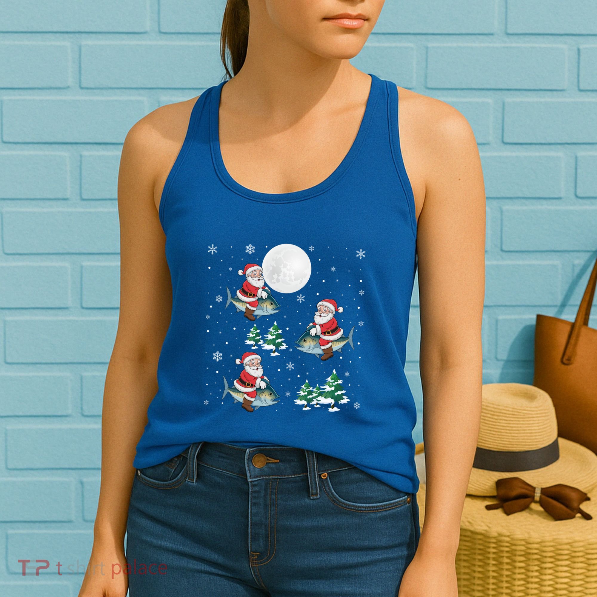 Xmas Tree Santa Riding Mahi Mahi Fish Funny Christmas Great Gift Women's Tank Top