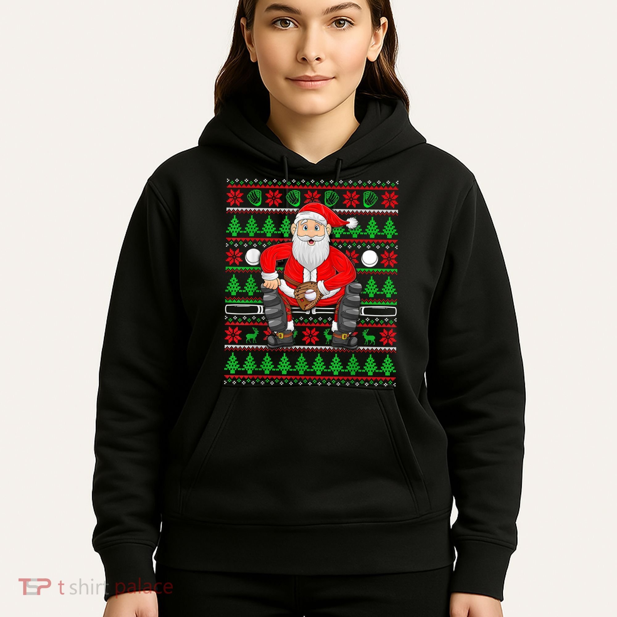 Xmas Ugly Sweater Style Santa Playing Baseball Christmas Hoodie