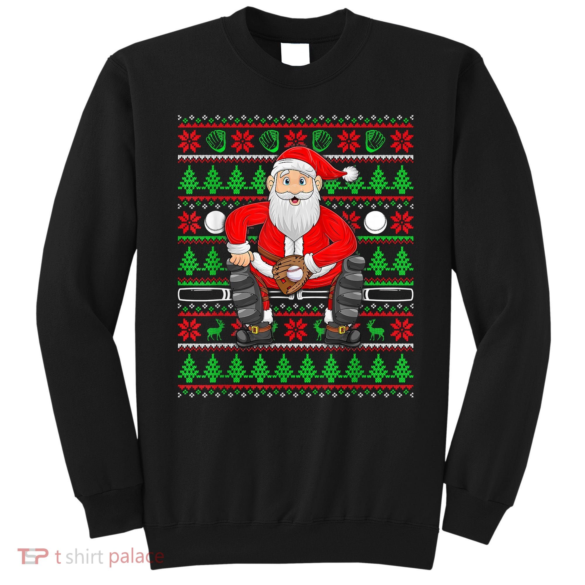 Xmas Ugly Sweater Style Santa Playing Baseball Christmas Sweatshirt